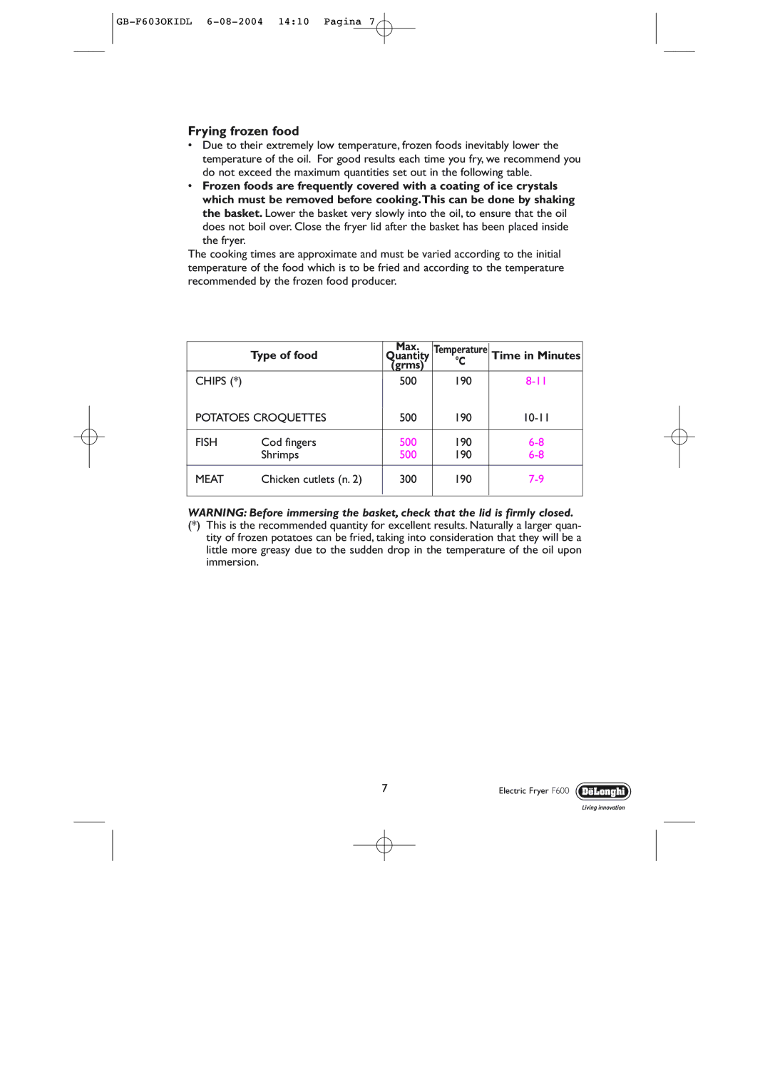 DeLonghi F603 manual Frying frozen food, Chips, Potatoes Croquettes, Fish 