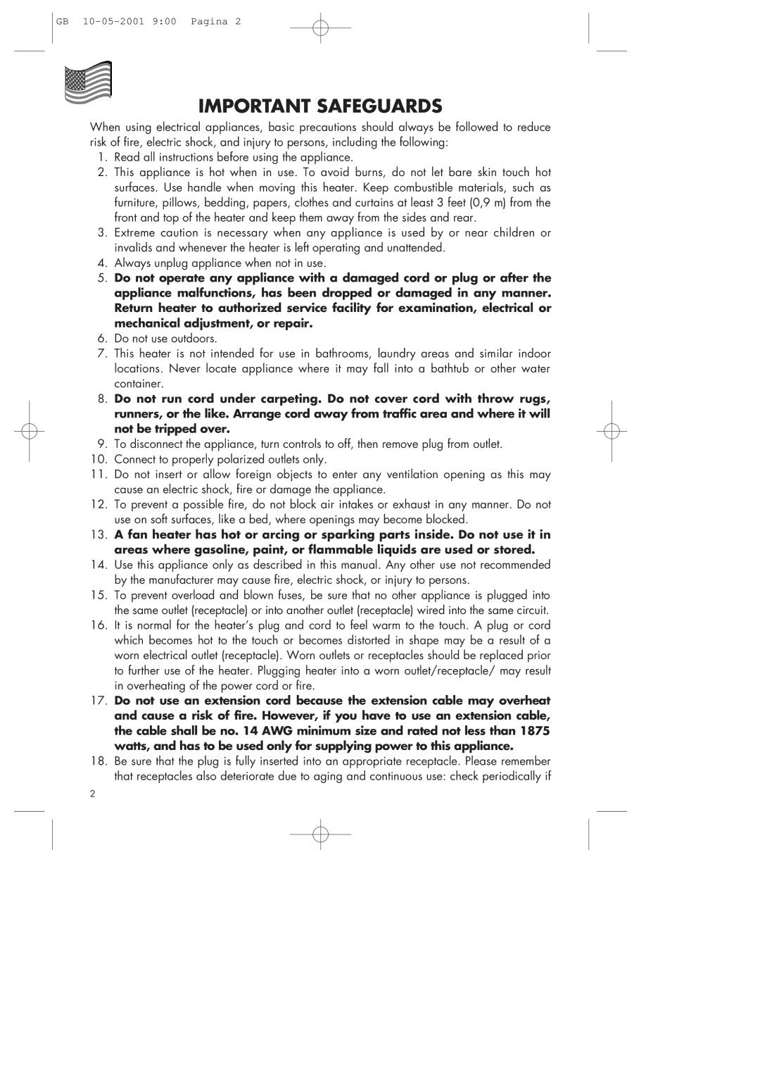 DeLonghi Fan Heater manual Important Safeguards 