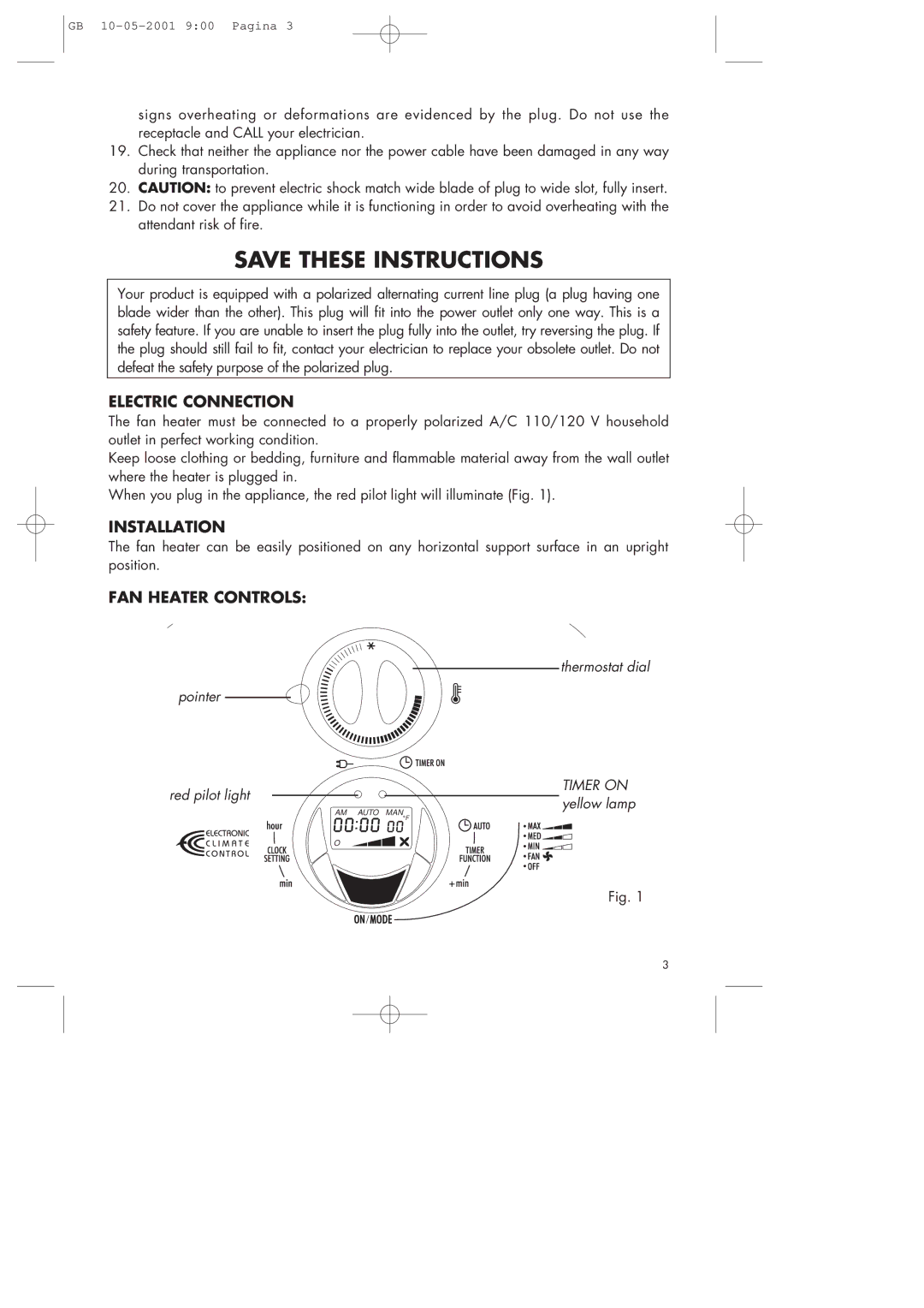 DeLonghi Fan Heater manual Electric Connection, Installation, FAN Heater Controls 