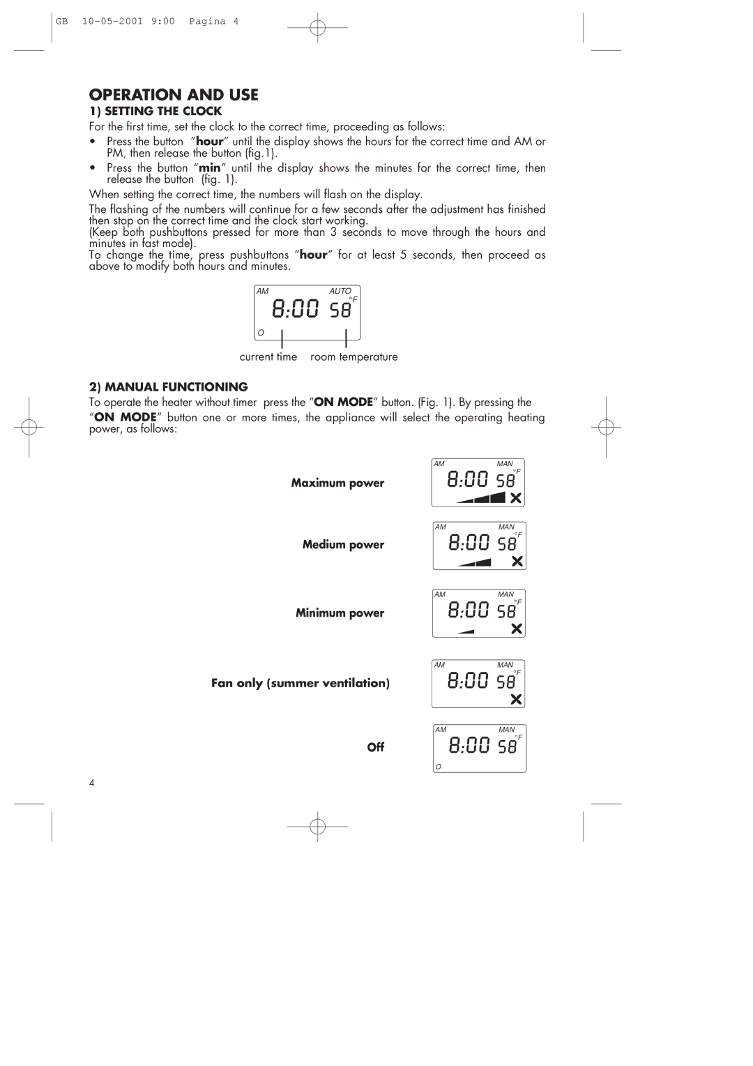 DeLonghi Fan Heater manual Operation and USE, Setting the Clock, Manual Functioning 