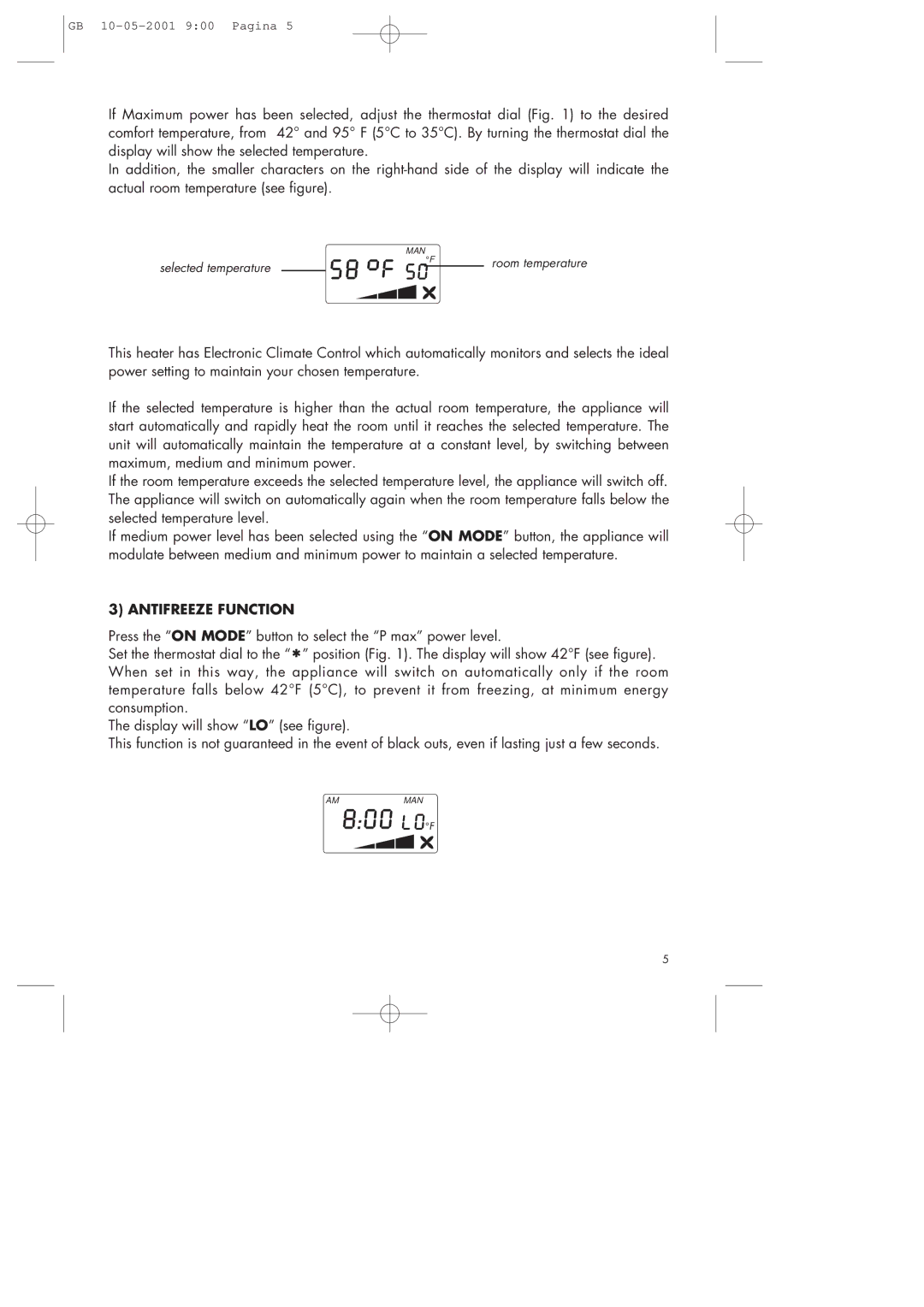 DeLonghi Fan Heater manual Antifreeze Function 