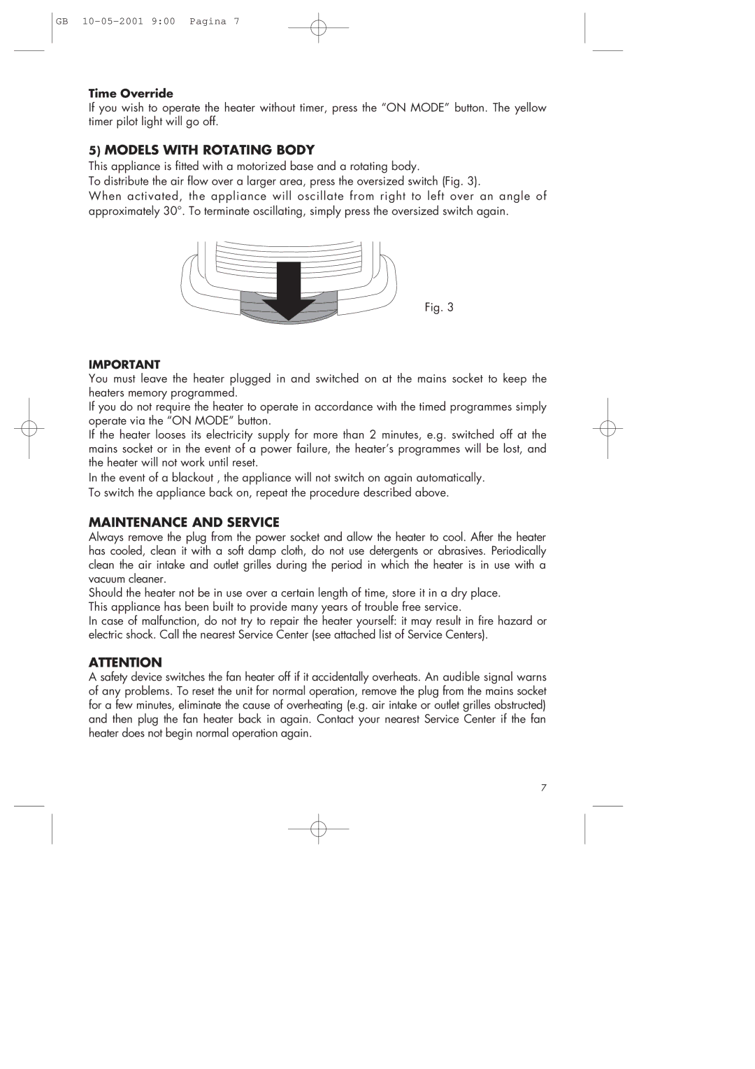 DeLonghi Fan Heater manual Models with Rotating Body, Maintenance and Service, Time Override 