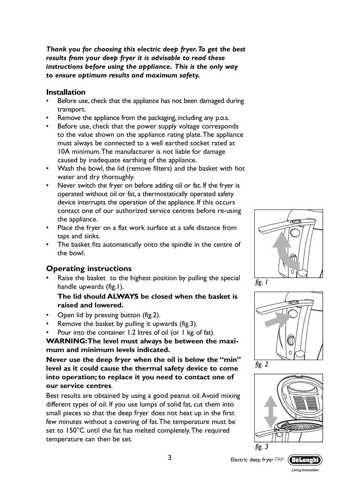 DeLonghi FRP manual Installation, Operating instructions 