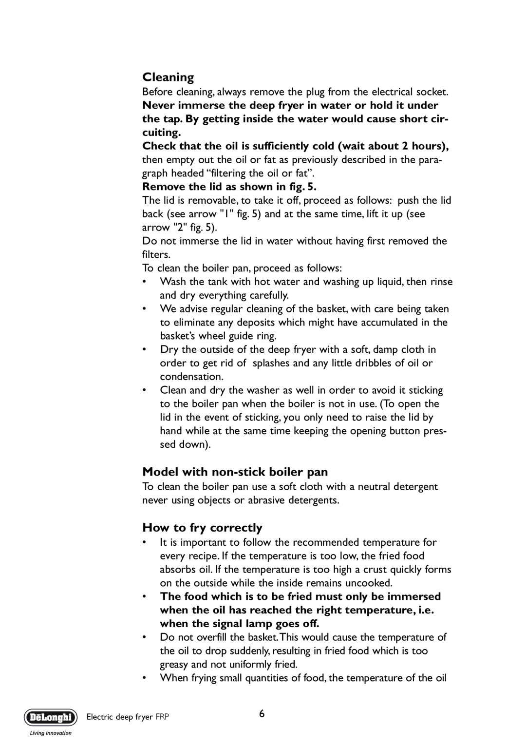 DeLonghi FRP manual Cleaning, Model with non-stick boiler pan, How to fry correctly, Remove the lid as shown in fig 