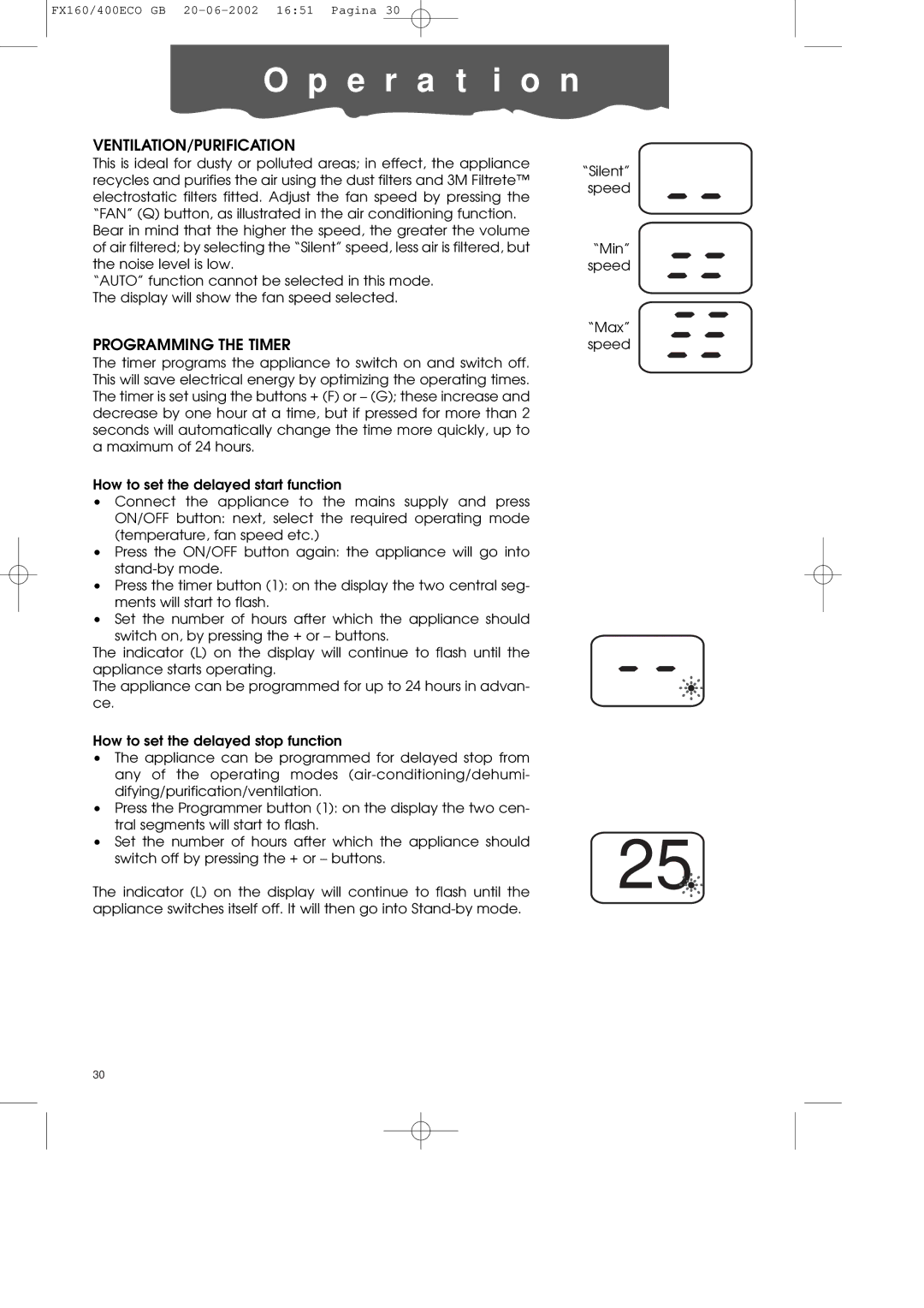 DeLonghi FX400ECO manual Ventilation/Purification, Programming the Timer 