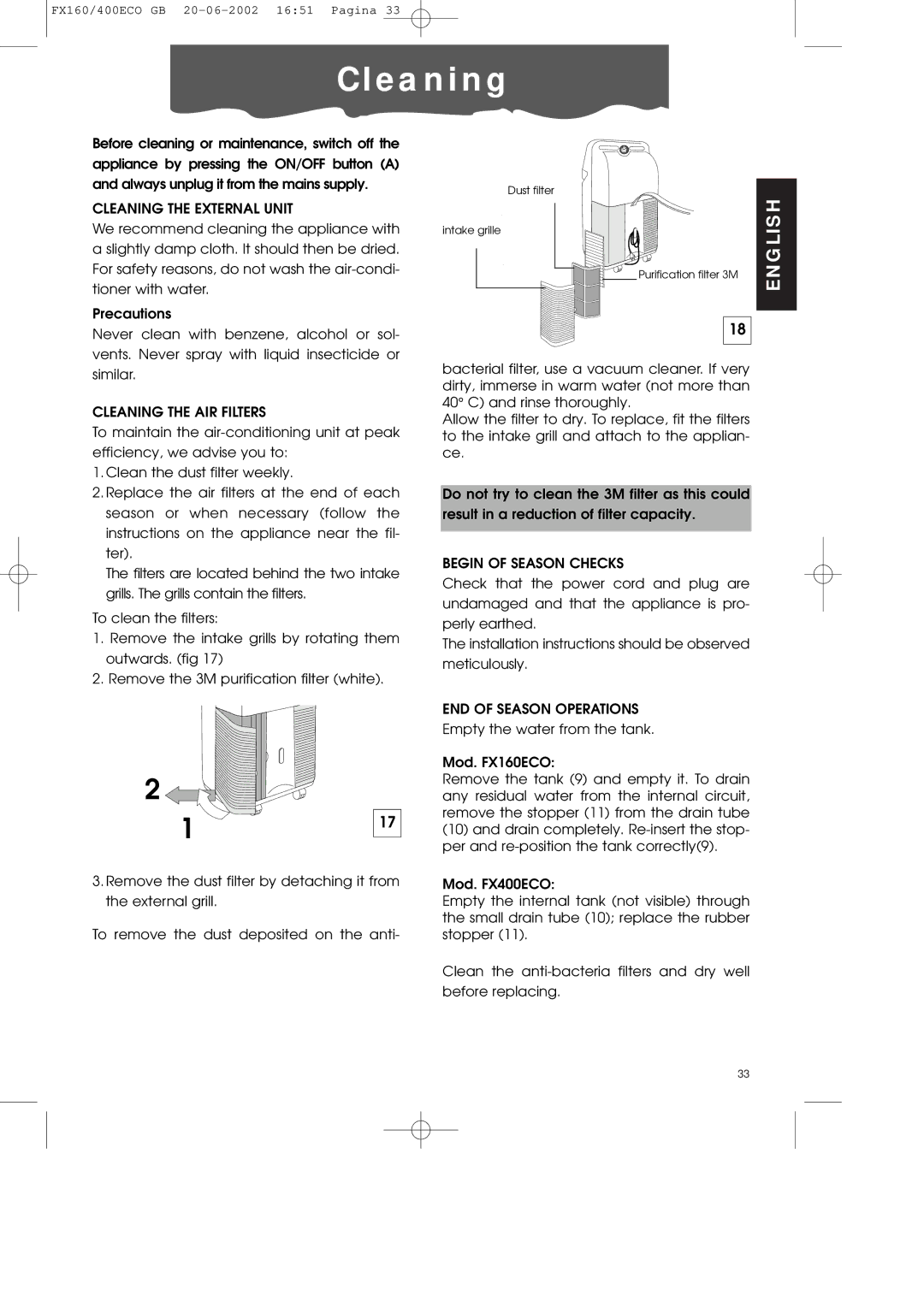 DeLonghi FX400ECO manual E a n i n g, Cleaning the External Unit, Cleaning the AIR Filters, Begin of Season Checks 