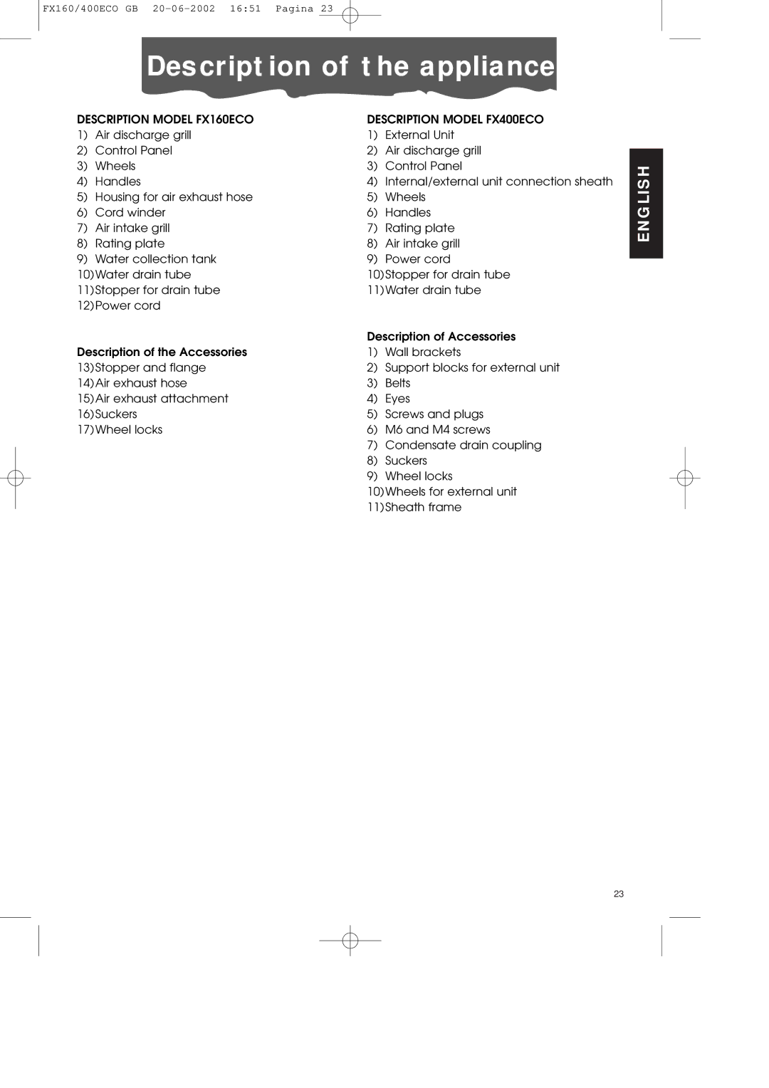 DeLonghi manual Description of the appliance, Description Model FX160ECO Description Model FX400ECO 