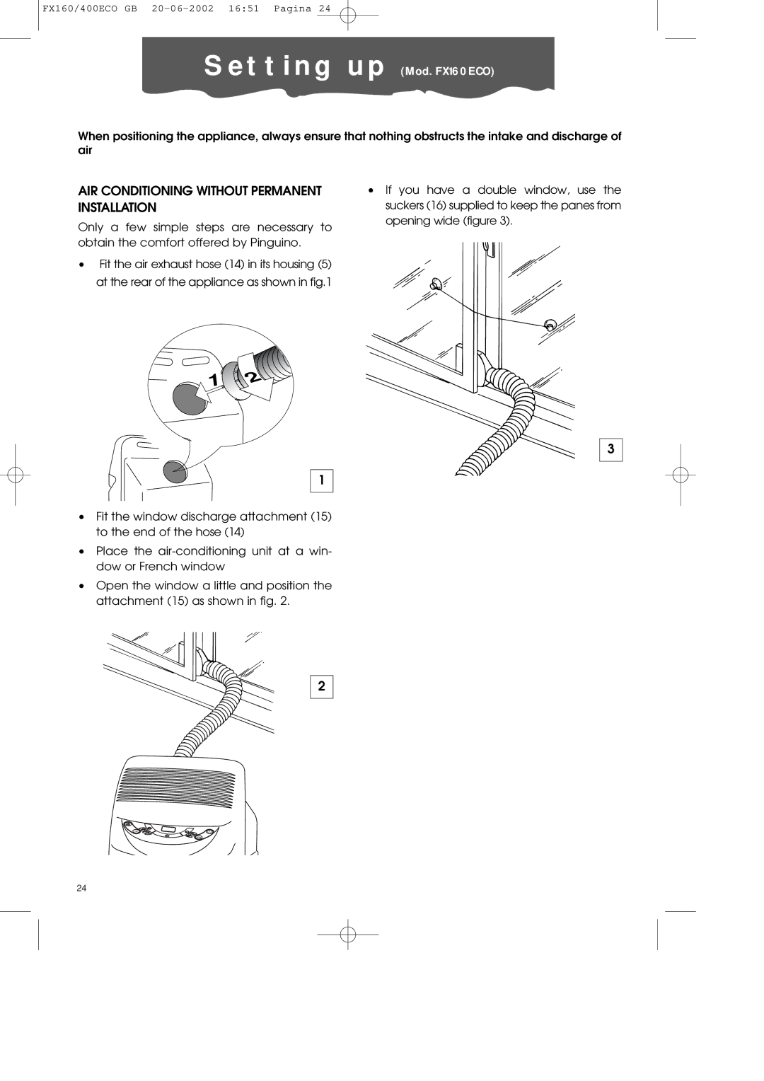 DeLonghi FX400ECO manual T t i n g u p Mod. FX160ECO, AIR Conditioning Without Permanent Installation 