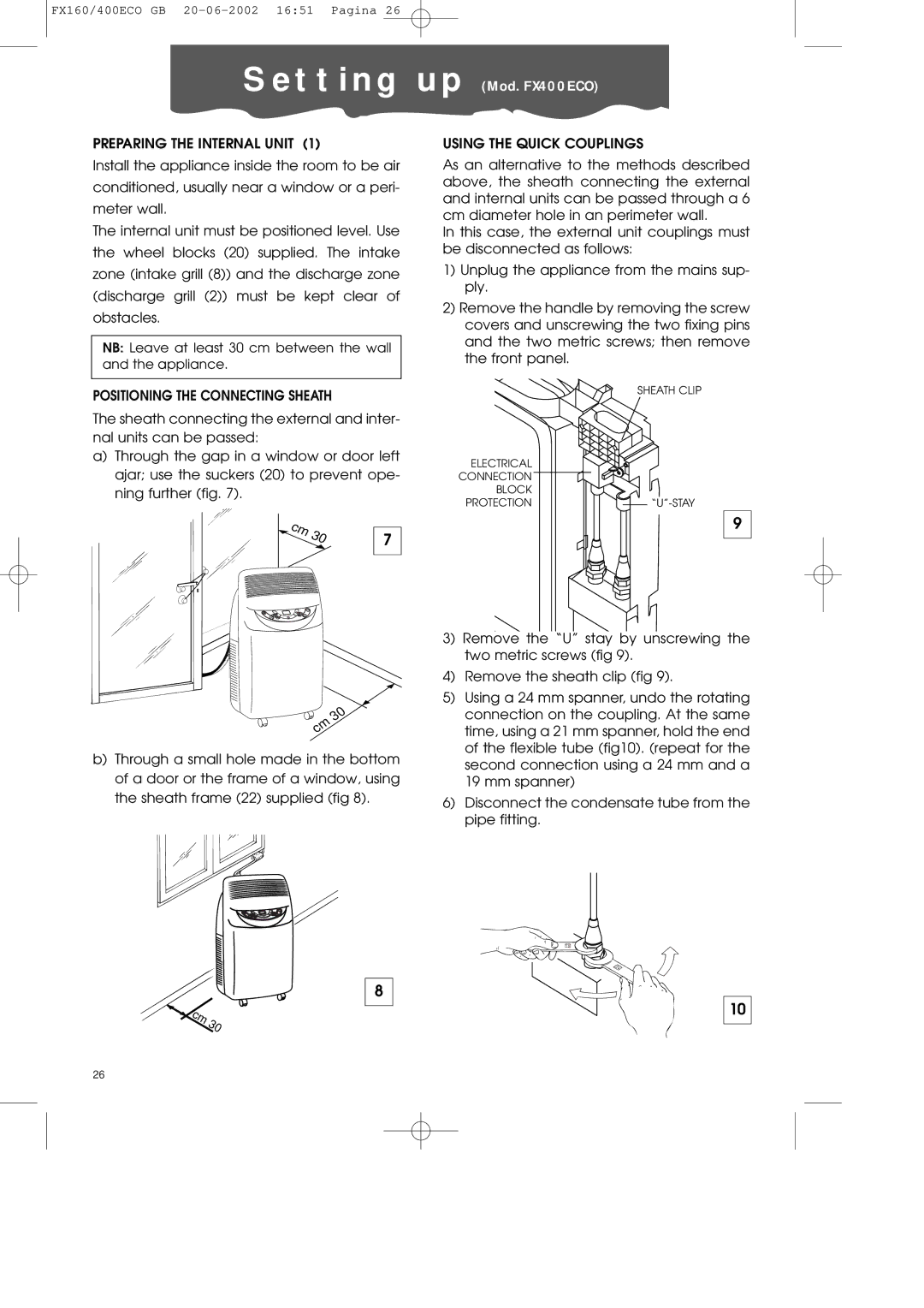 DeLonghi manual T t i n g u p Mod. FX400ECO, Preparing the Internal Unit, Positioning the Connecting Sheath 