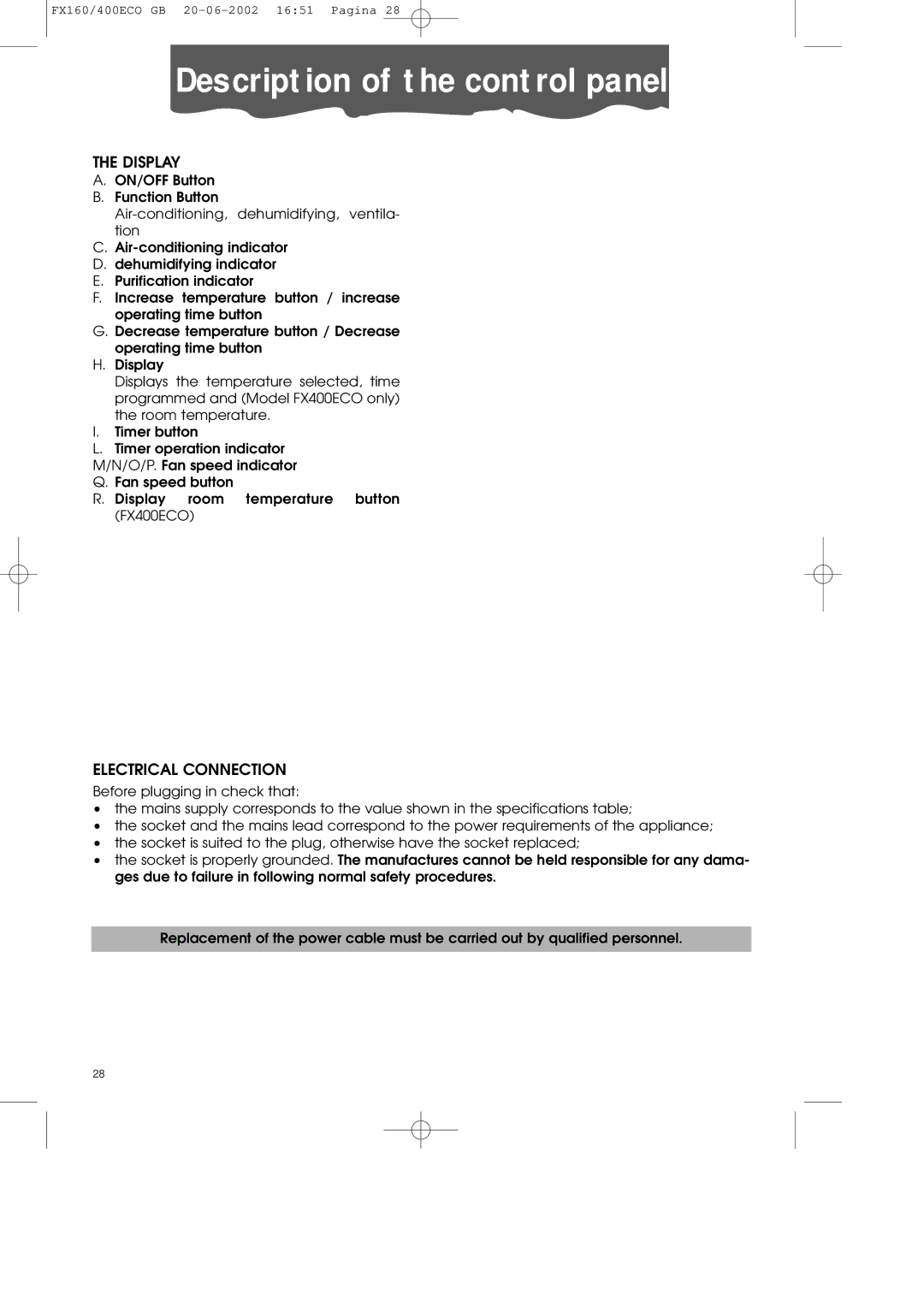 DeLonghi FX400ECO manual Description of the control panel, Display, Electrical Connection 