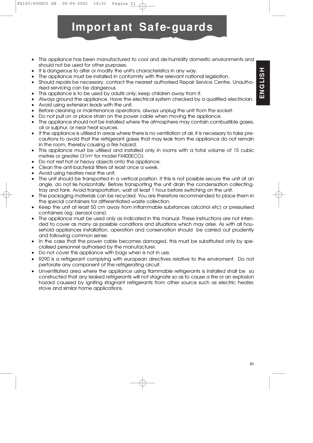 DeLonghi FX400ECO manual Important Safe-guards, English 