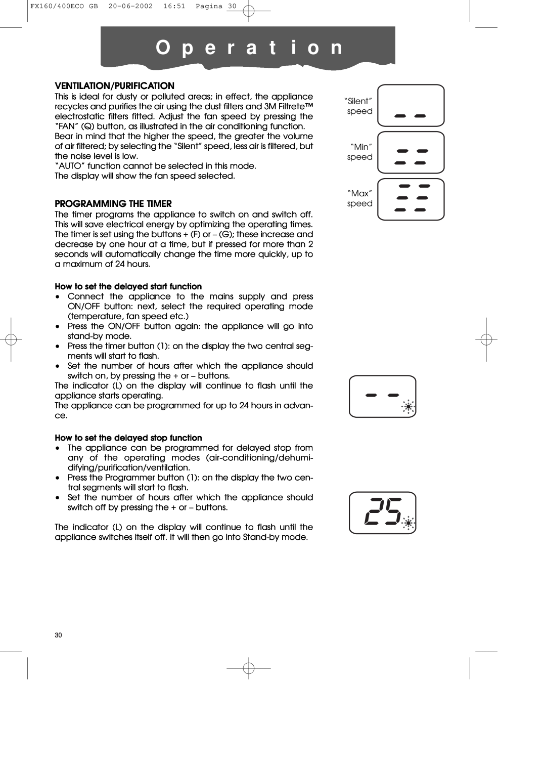 DeLonghi FX400ECO manual Ventilation/Purification, Programming The Timer, O p e r a t i o n 
