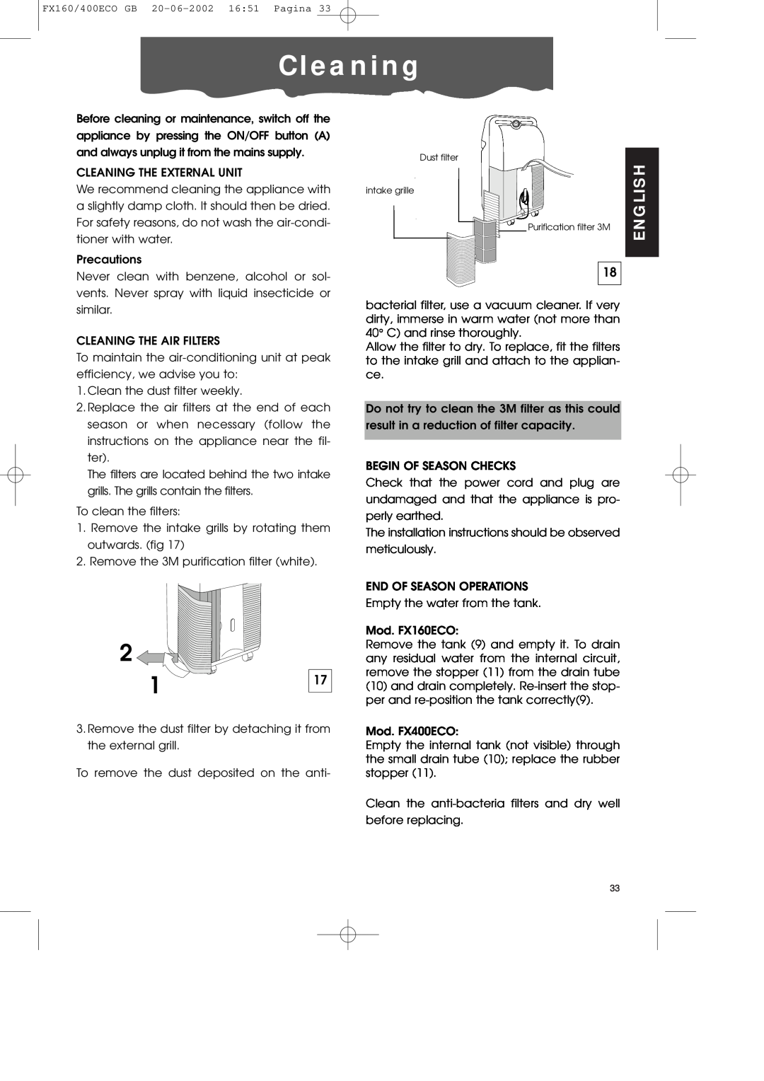 DeLonghi FX400ECO manual C l e a n i n g, English 