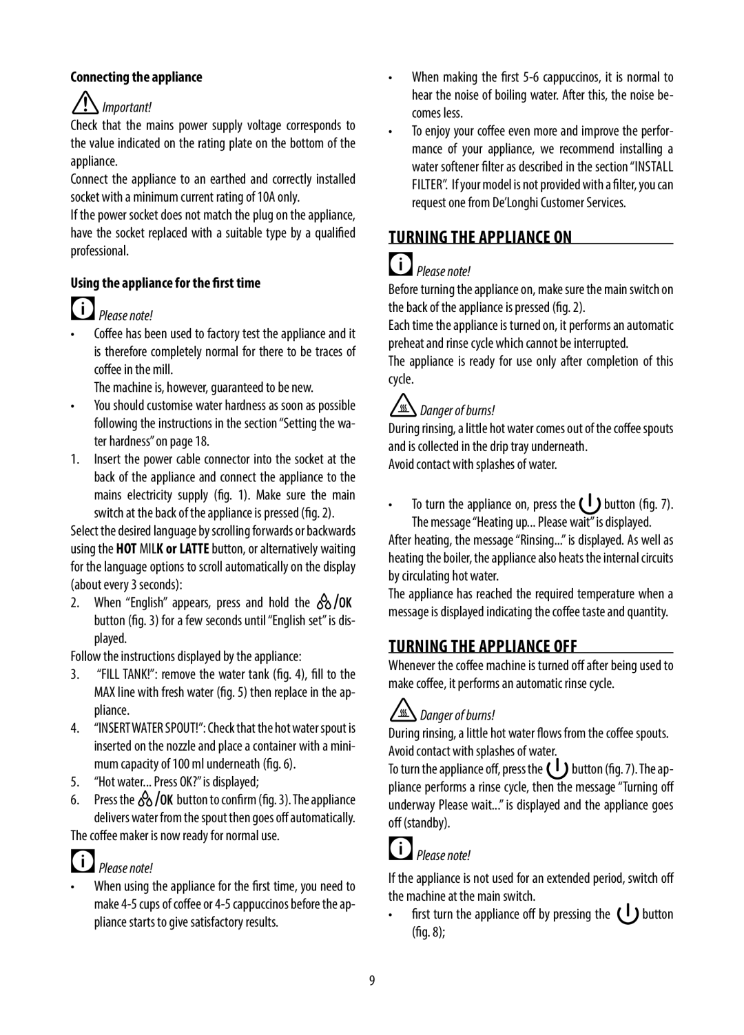 DeLonghi ECAM28.46X, GB, DE, 10.13 manual Turning the Appliance on, Turning the Appliance OFF, Connecting the appliance 