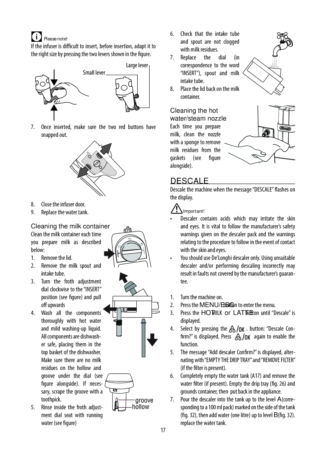 DeLonghi ECAM28.46X, GB, DE, 10.13 manual Descale, Remove the lid, Off upwards, Place the lid back on the milk container 