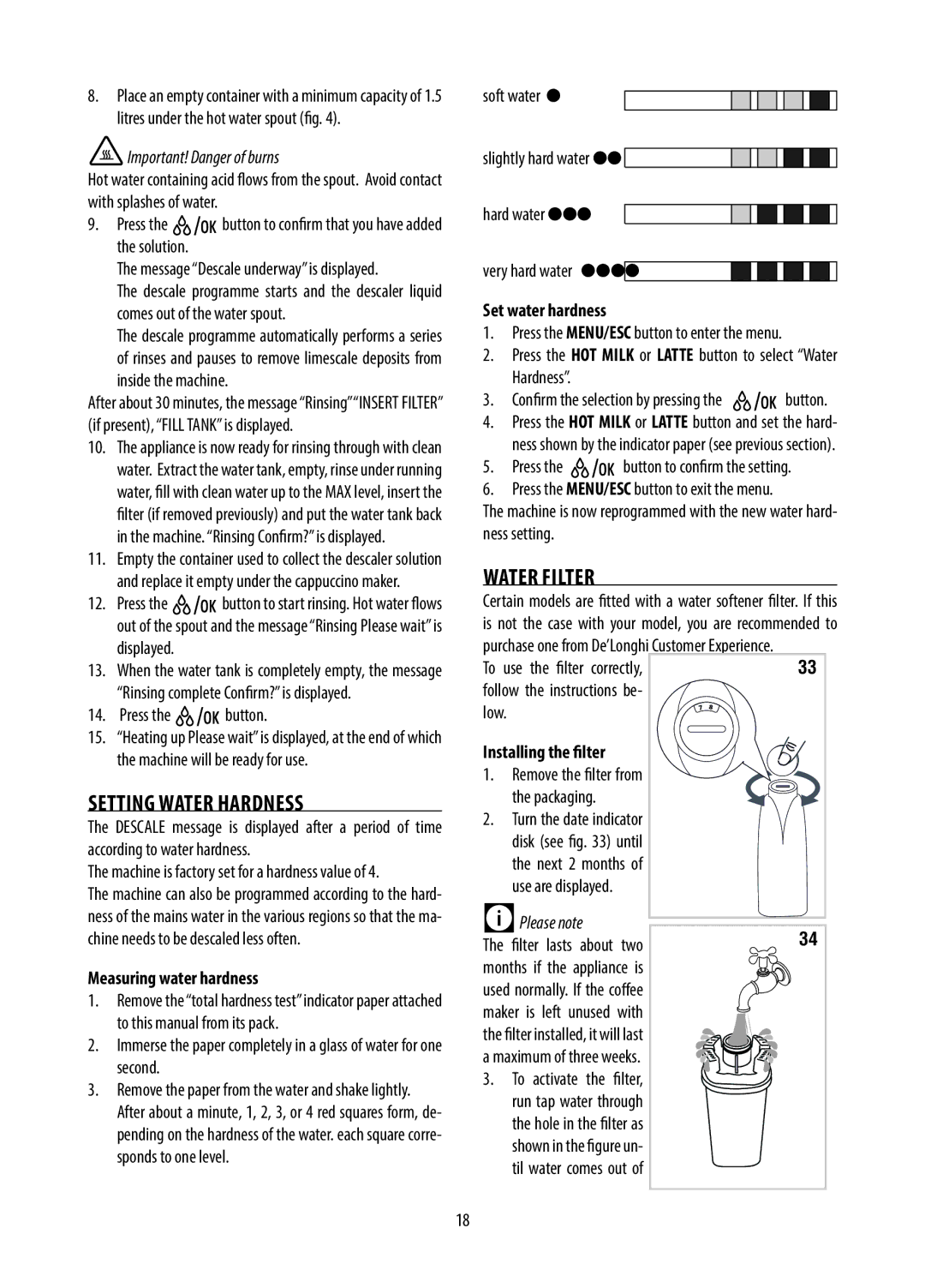 DeLonghi 10.13 Setting Water Hardness, Water Filter, Measuring water hardness, Set water hardness, Installing the filter 