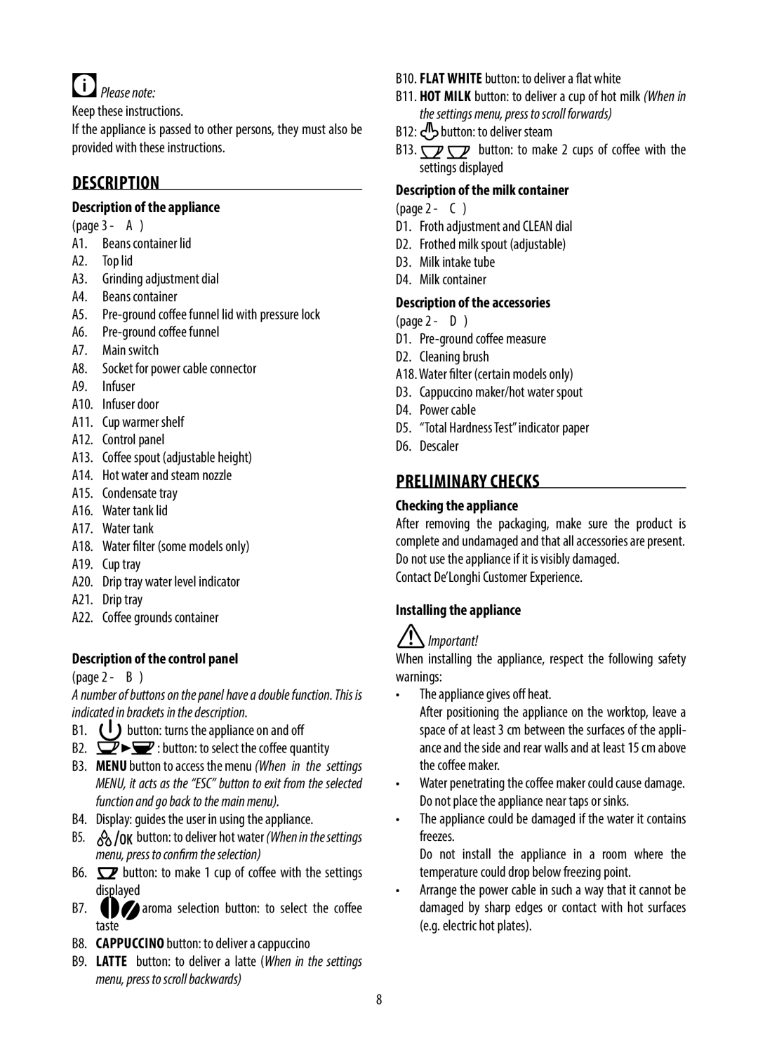 DeLonghi DE, GB, ECAM28.46X, 10.13 manual Description, Preliminary Checks 