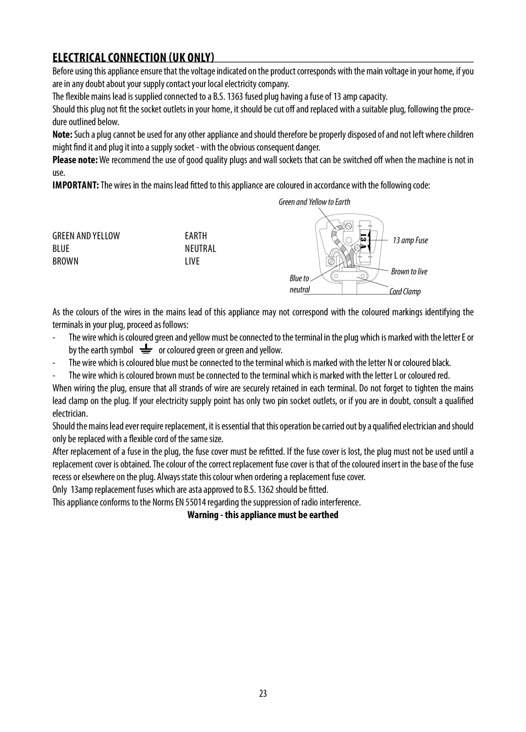 DeLonghi GB, DE, ECAM28.46X, 10.13 manual Electrical Connection Uk Only, Warning - this appliance must be earthed 