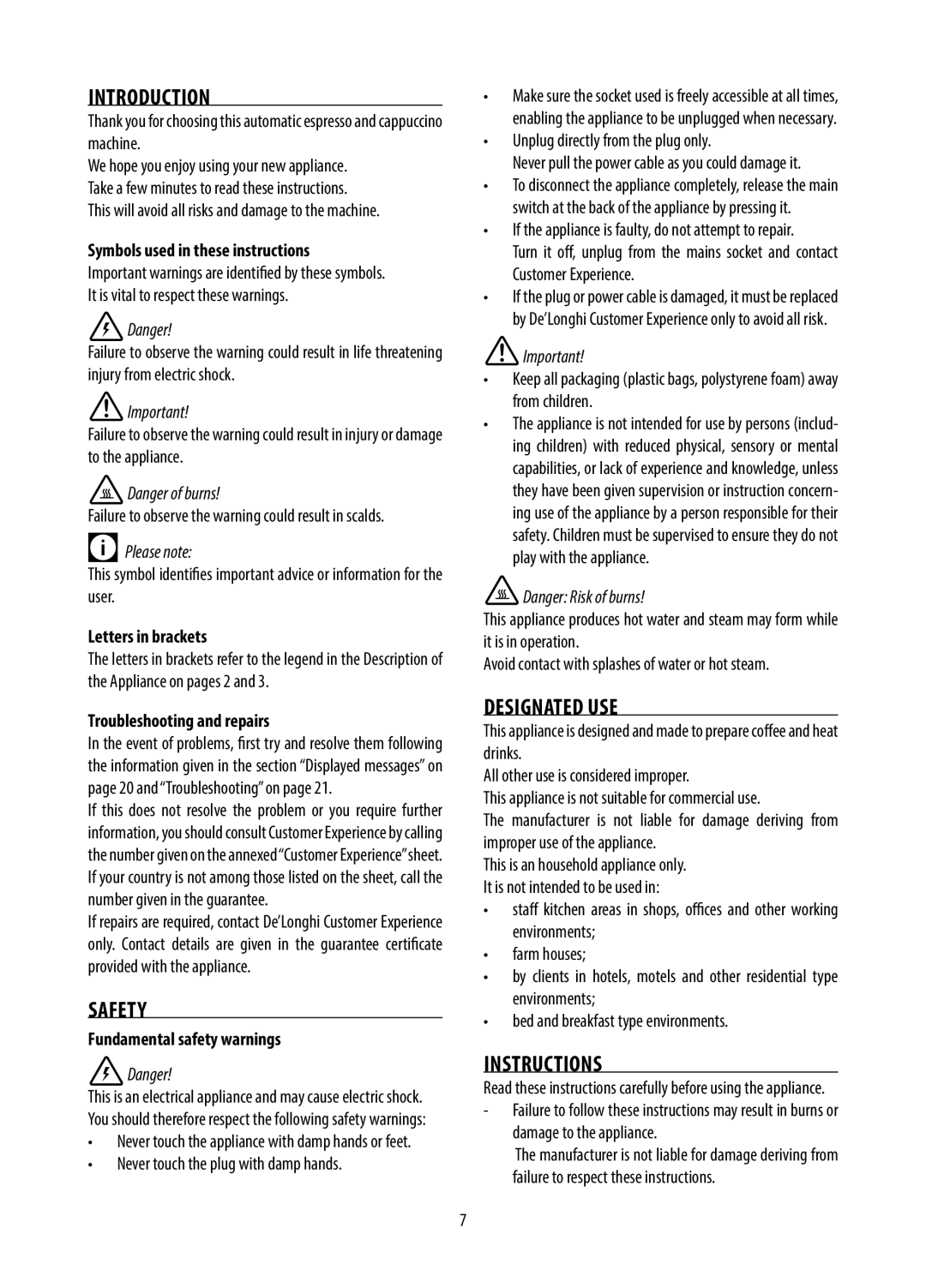 DeLonghi GB Introduction, Safety, Designated Use, Instructions, Symbols used in these instructions, Danger, Please note 