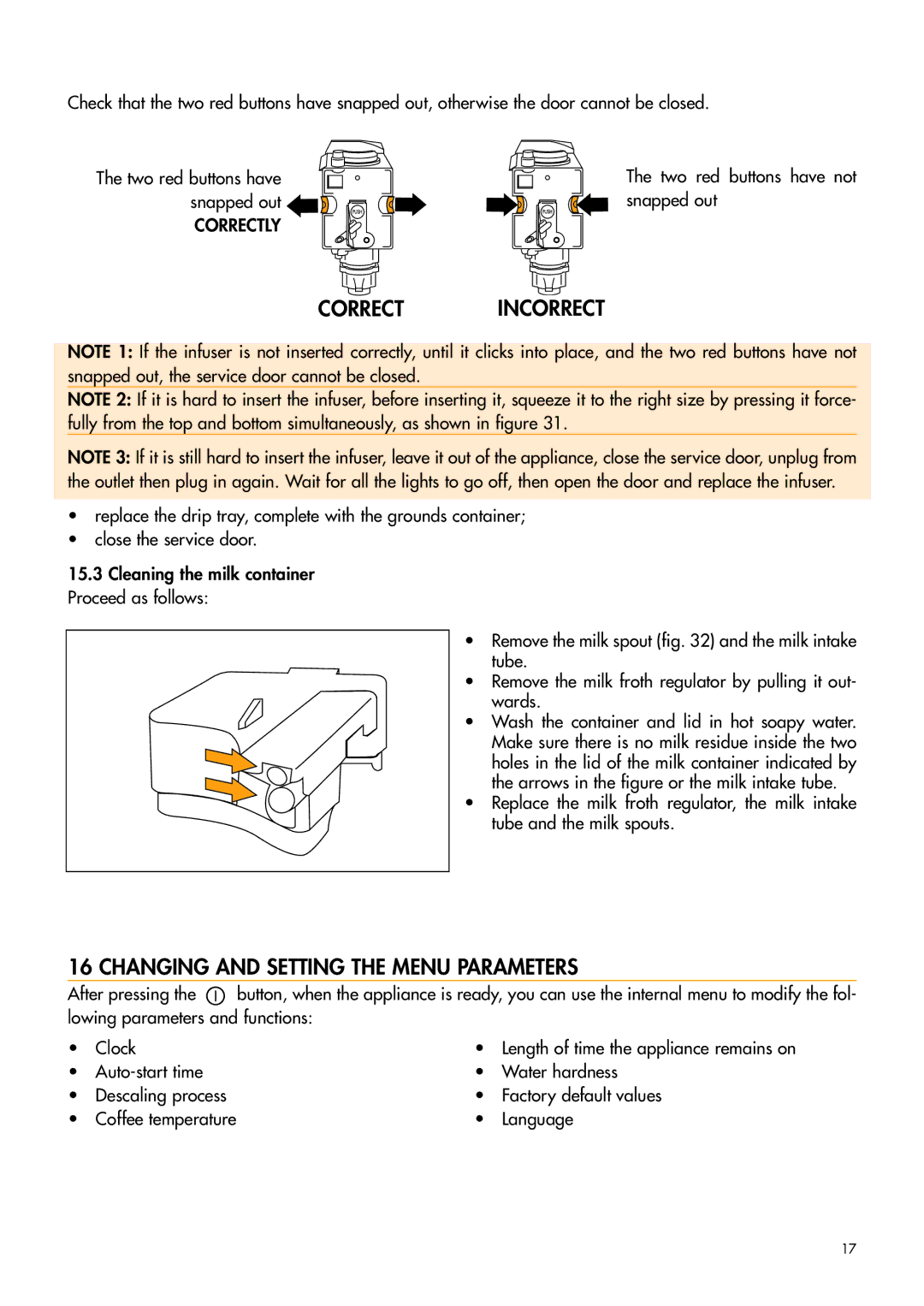 DeLonghi HKKMDI003 manual Correctincorrect, Changing and Setting the Menu Parameters 