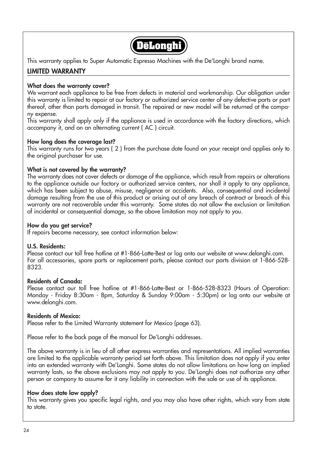 DeLonghi HKKMDI003 manual Limited Warranty 