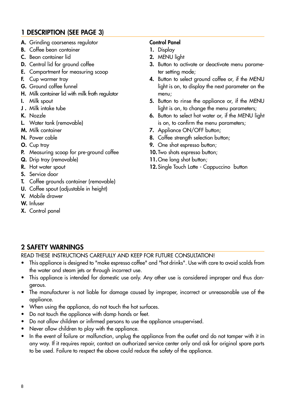 DeLonghi HKKMDI003 manual Description See Page, Safety Warnings 