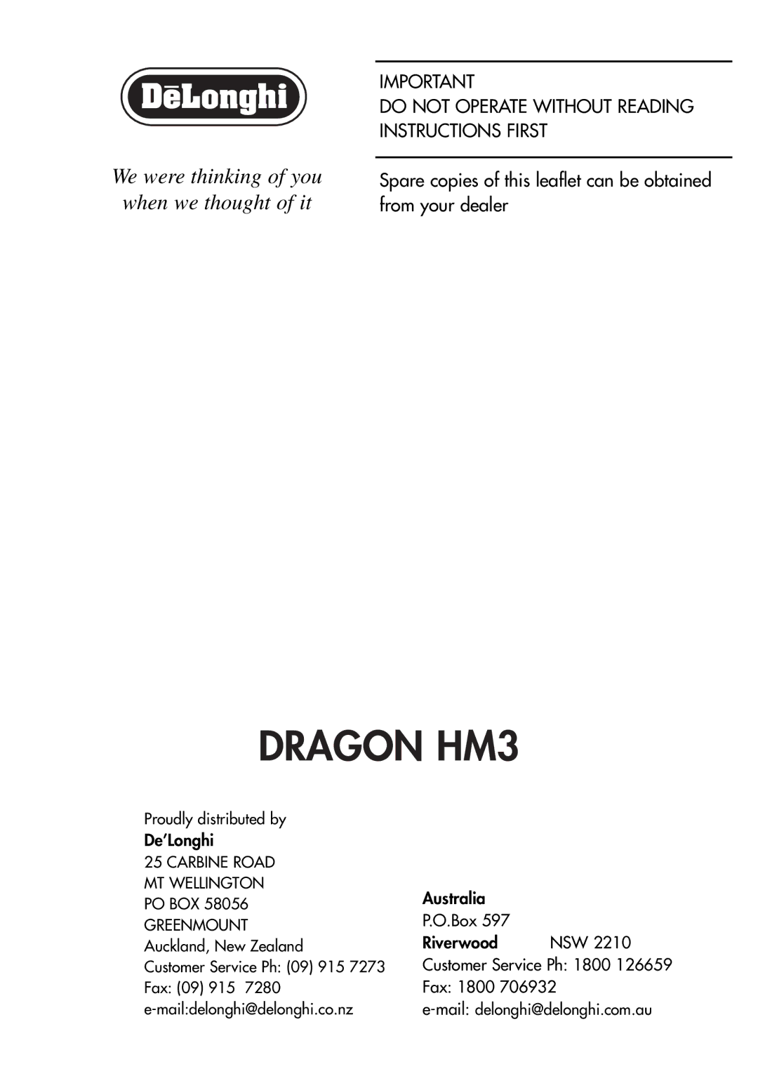 DeLonghi manual Dragon HM3 