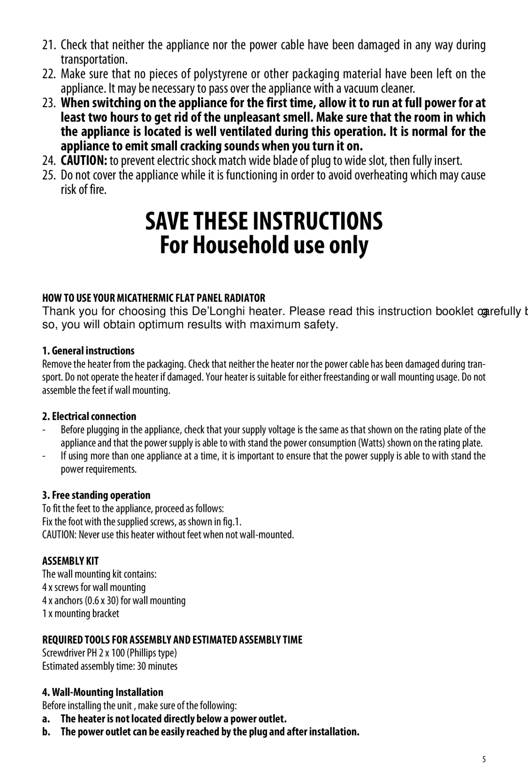 DeLonghi HMP1500 manual General instructions, Electrical connection, Free standing operation, Wall-Mounting Installation 