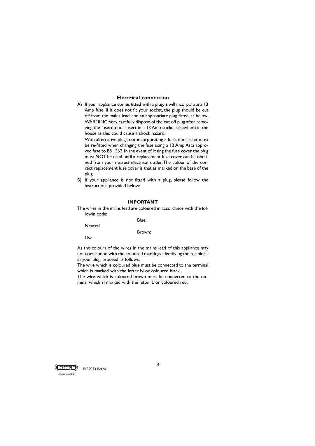 DeLonghi HVR 9033 Retr manual Electrical connection 