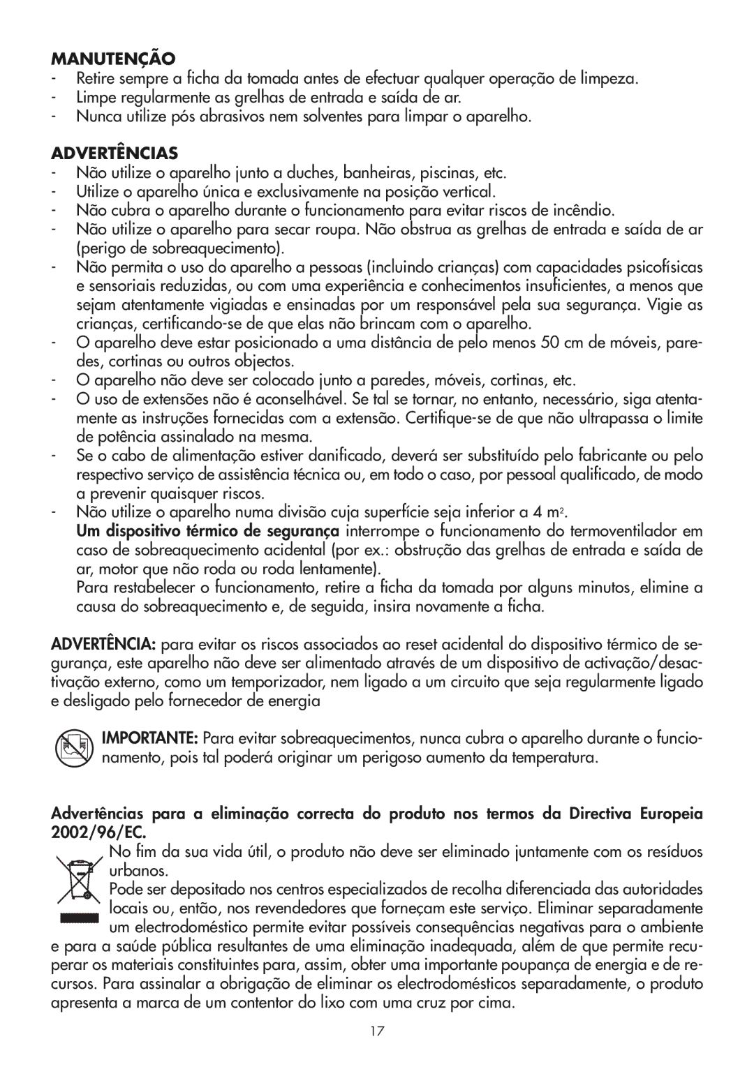 DeLonghi HVY manual Manutenção, Advertências 