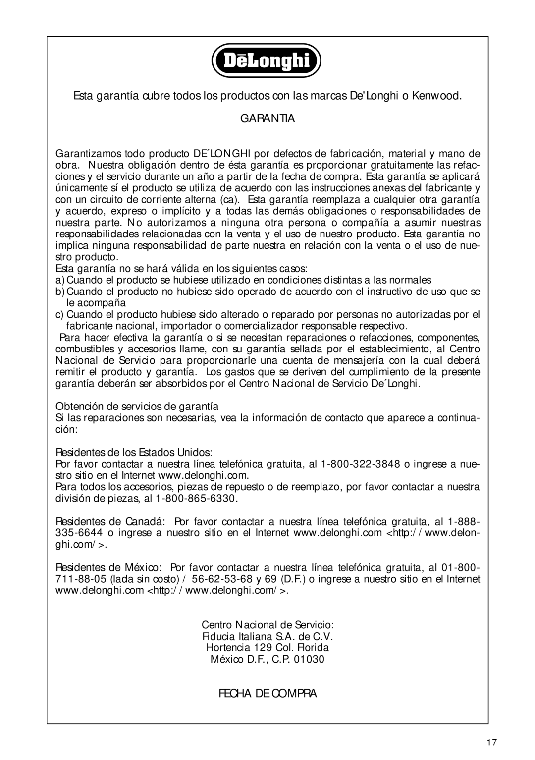 DeLonghi HWB5050T instruction manual Garantia, Fecha DE Compra 