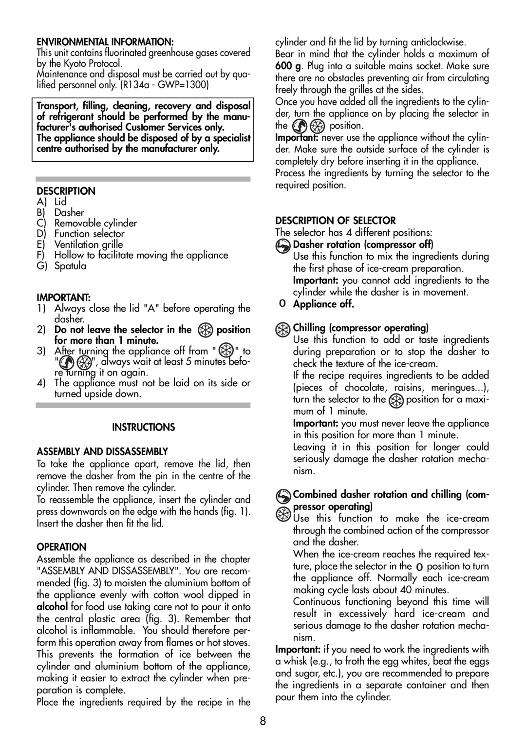 DeLonghi ICK6000, ICK5000 manual Environmental Information, Description, Instructions Assembly and Dissassembly, Operation 