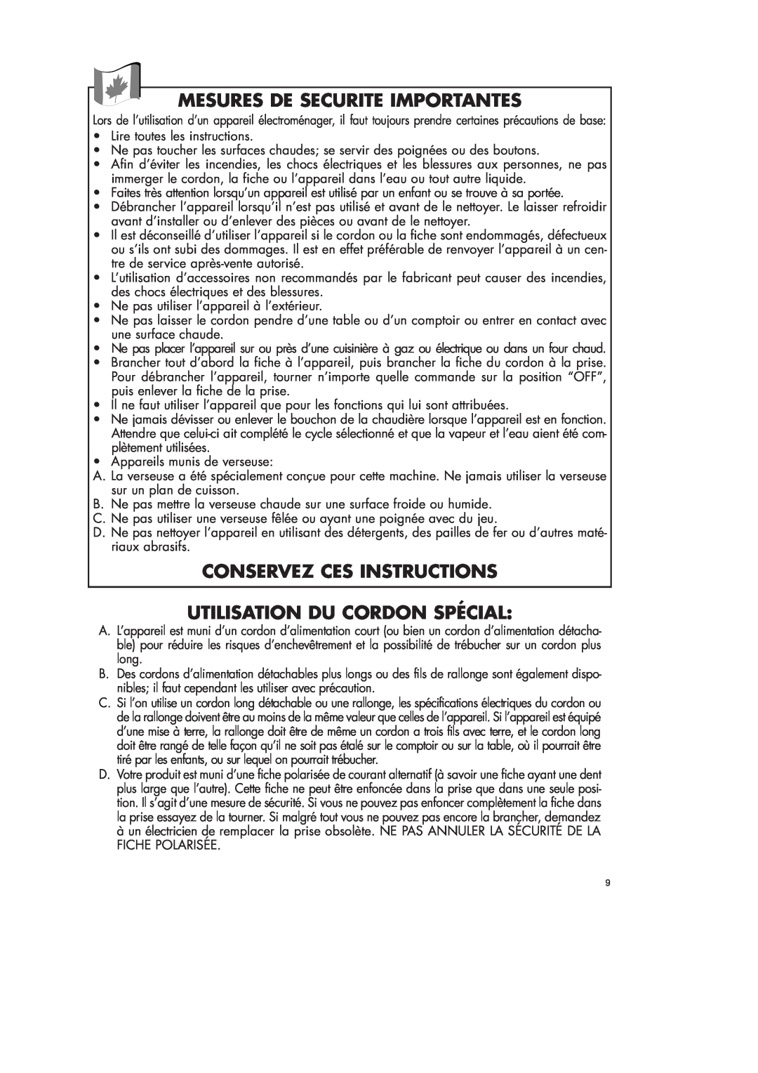 DeLonghi ICM18 WB Mesures De Securite Importantes, Conservez Ces Instructions, Utilisation Du Cordon Spécial 