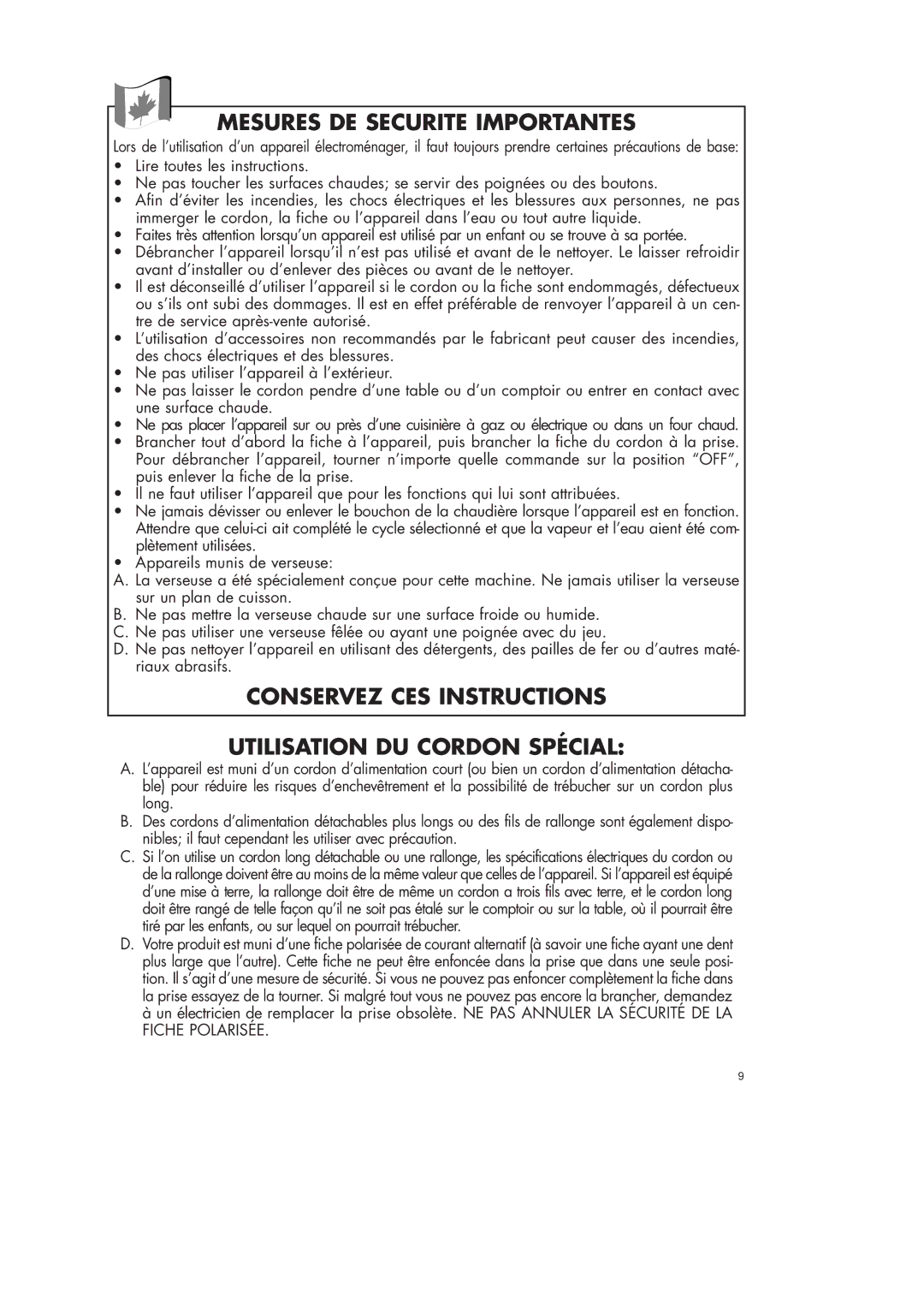 DeLonghi ICM28 WB instruction manual Mesures DE Securite Importantes 