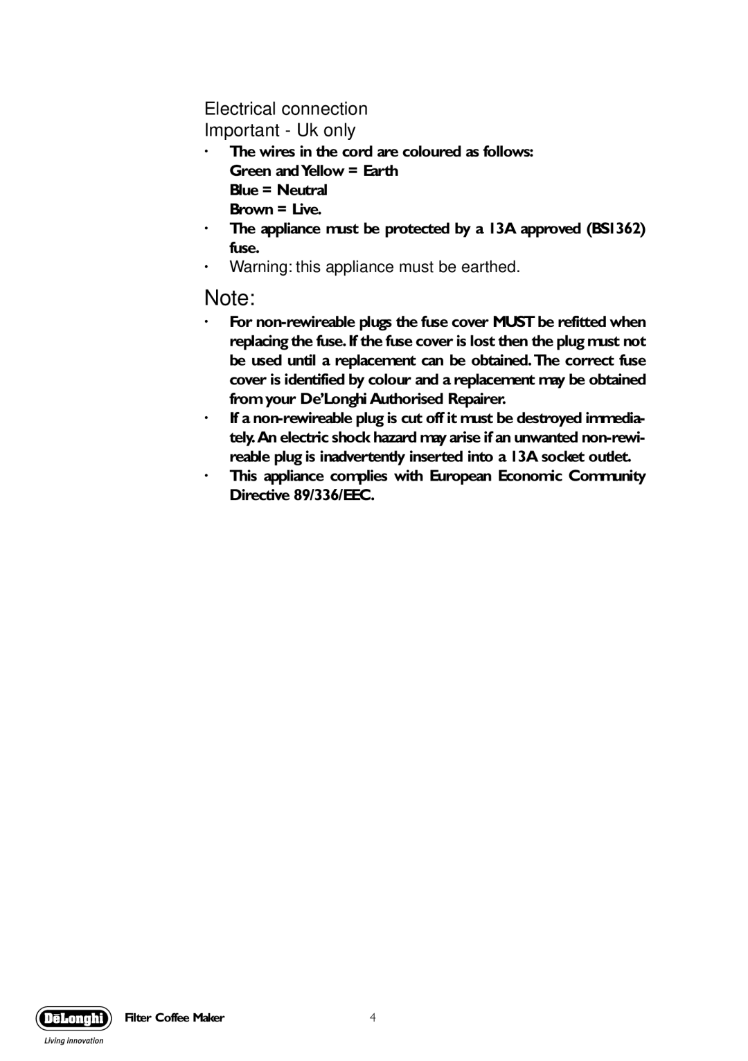 DeLonghi ICM30 manual Electrical connection Important Uk only, · Warning this appliance must be earthed 