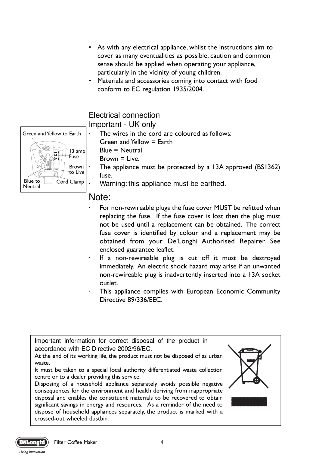 DeLonghi ICM40T, ICM40B manual Electrical connection Important UK only, · Warning this appliance must be earthed 