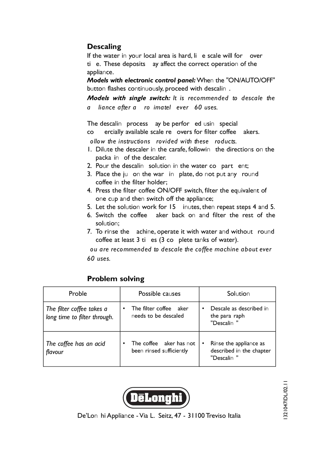 DeLonghi ICM40B, ICM40T manual Descaling, Problem solving 