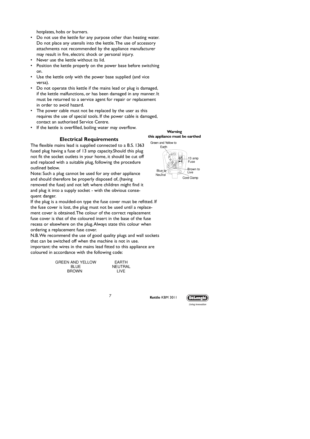 DeLonghi KBM3011 manual Electrical Requirements, Hotplates, hobs or burners 