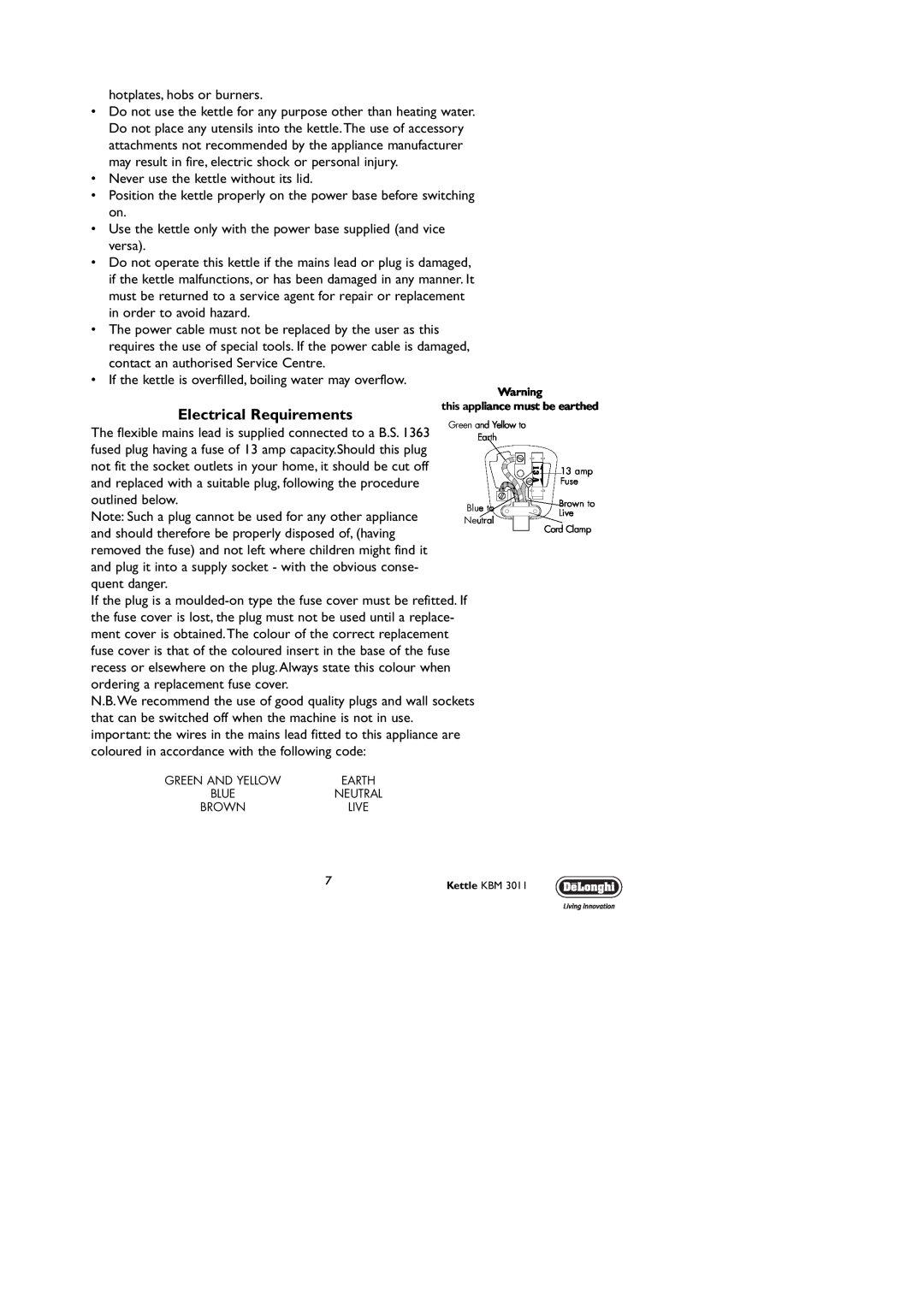 DeLonghi KBM3011 manual Electrical Requirements 