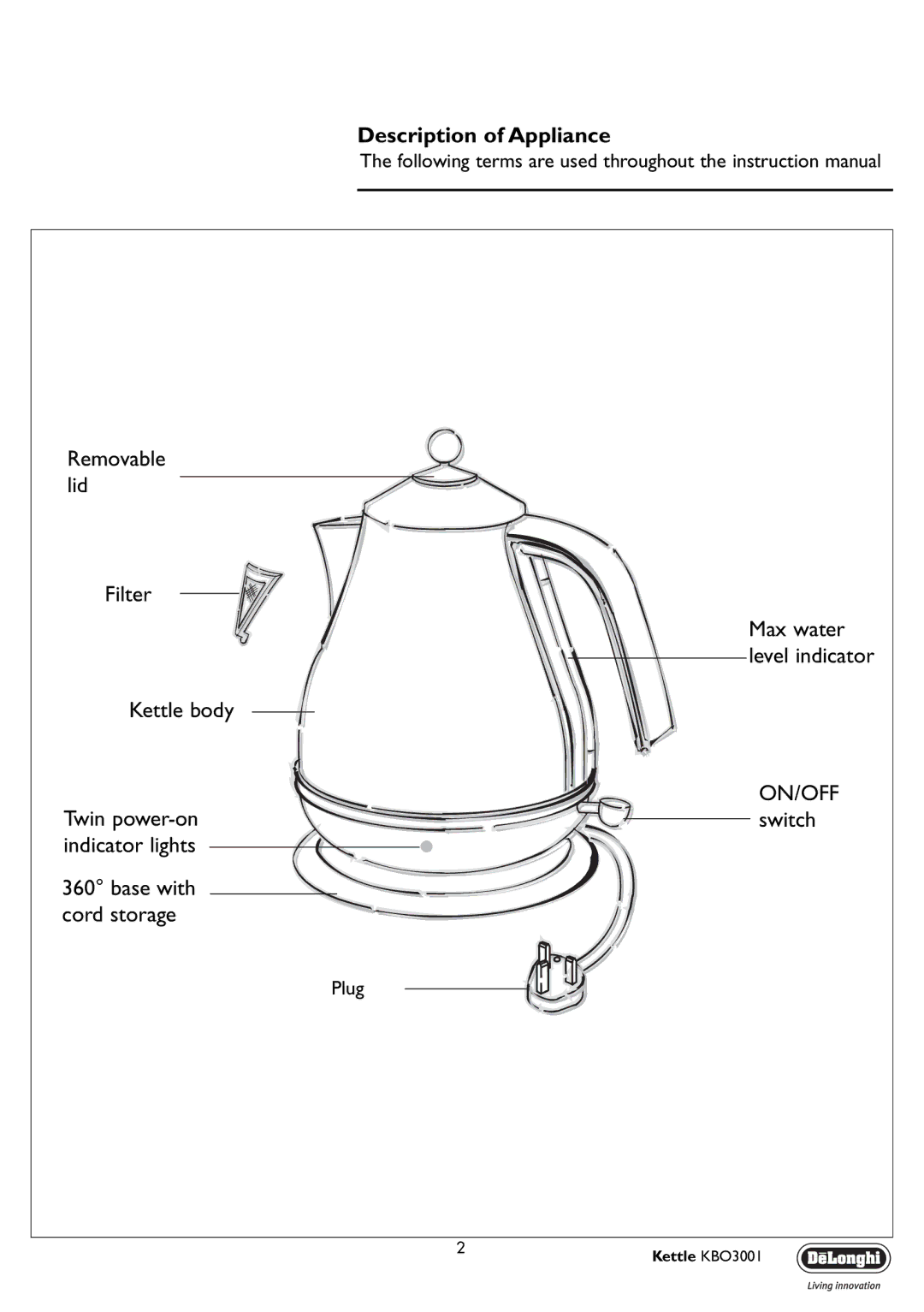 DeLonghi KBO3001 manual Description of Appliance, On/Off 