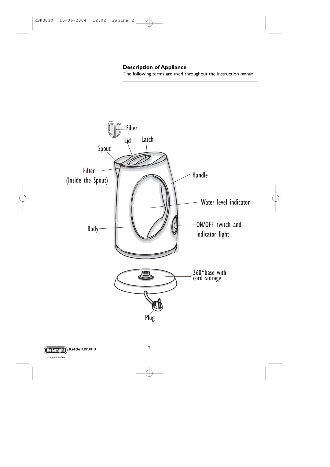 DeLonghi KBP3010 manual Plug, Description of Appliance 