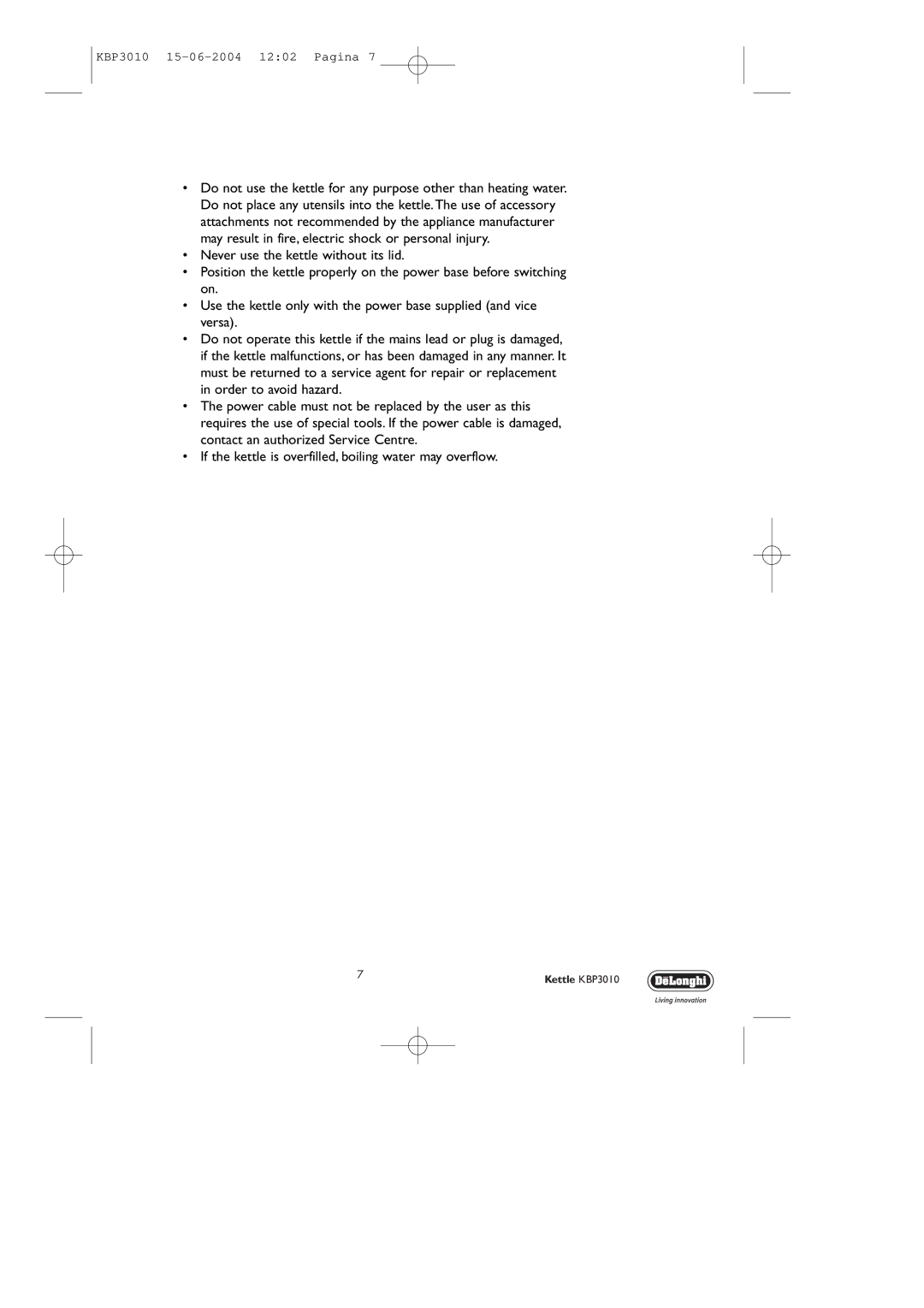 DeLonghi manual KBP3010 15-06-2004 1202 Pagina 