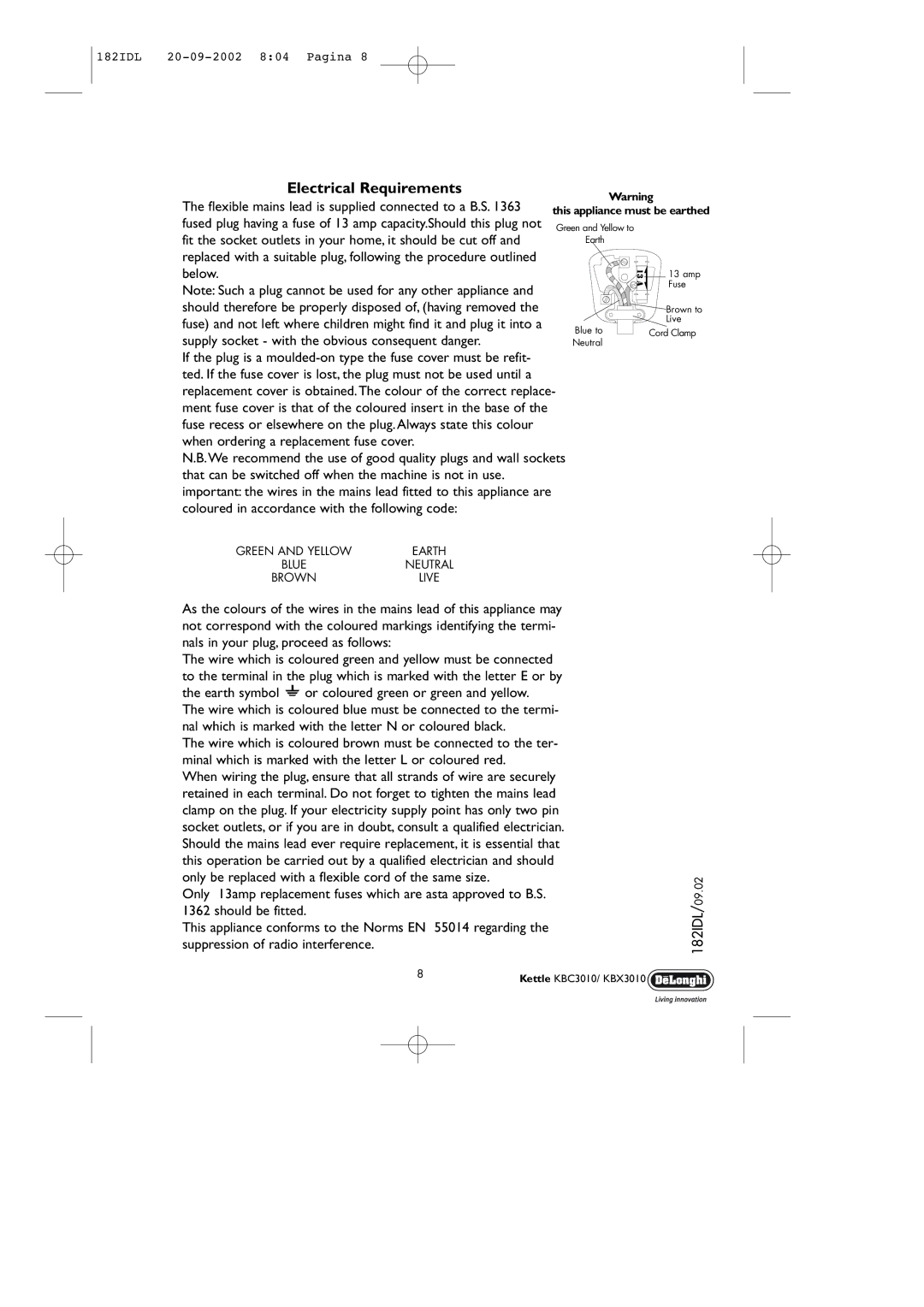 DeLonghi KBX3010, KBC3010 manual Electrical Requirements, Earth symbol or coloured green or green and yellow 