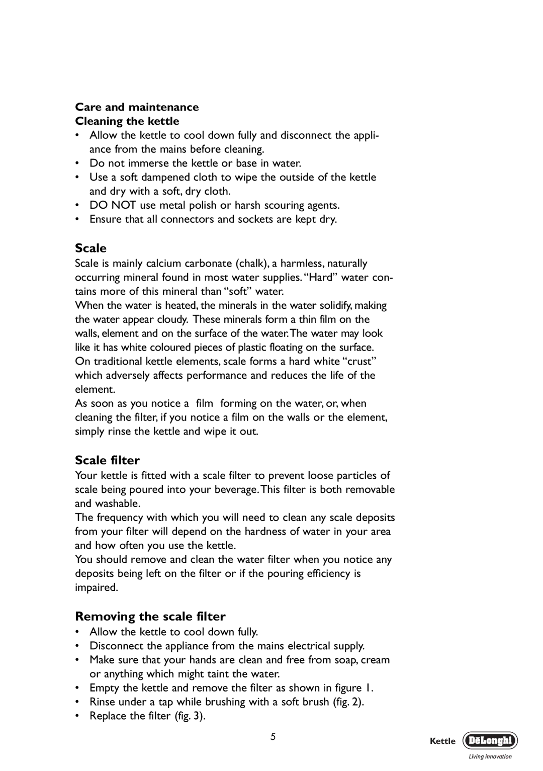 DeLonghi KBA3014-2, KBX3016 manual Scale filter, Removing the scale filter, Care and maintenance Cleaning the kettle 