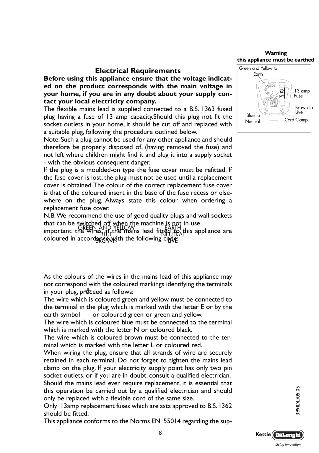 DeLonghi KBA3014-2, KBX3016, KBE3014-2 Electrical Requirements, That can be switched off when the machine is not in use 