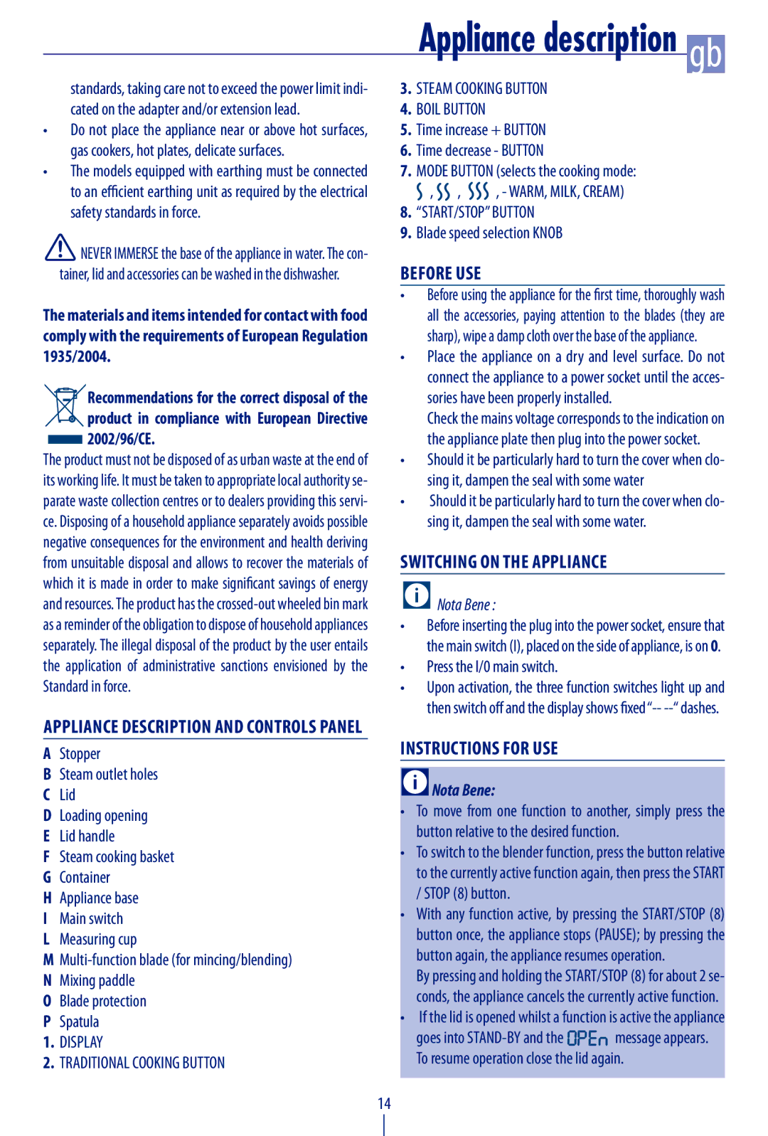 DeLonghi KCP815 Before use, Switching on the appliance, Instructions for use, Appliance description and controls panel 