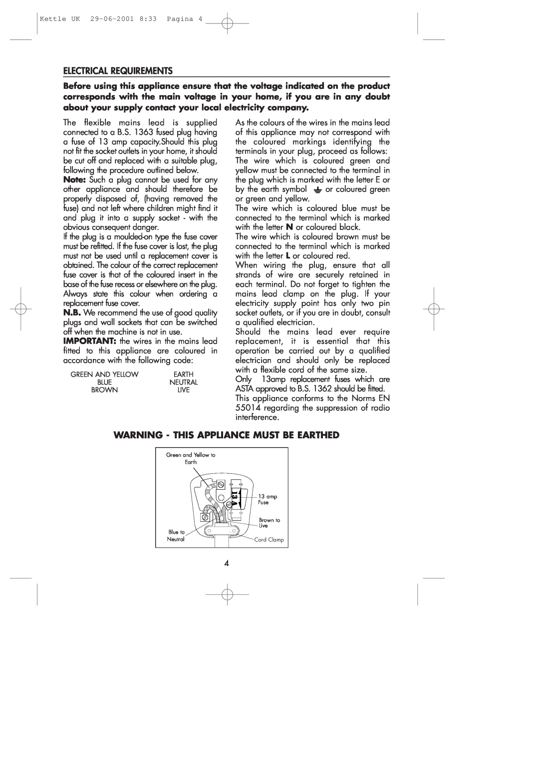 DeLonghi Kettle manual Electrical Requirements, Warning - This Appliance Must Be Earthed 