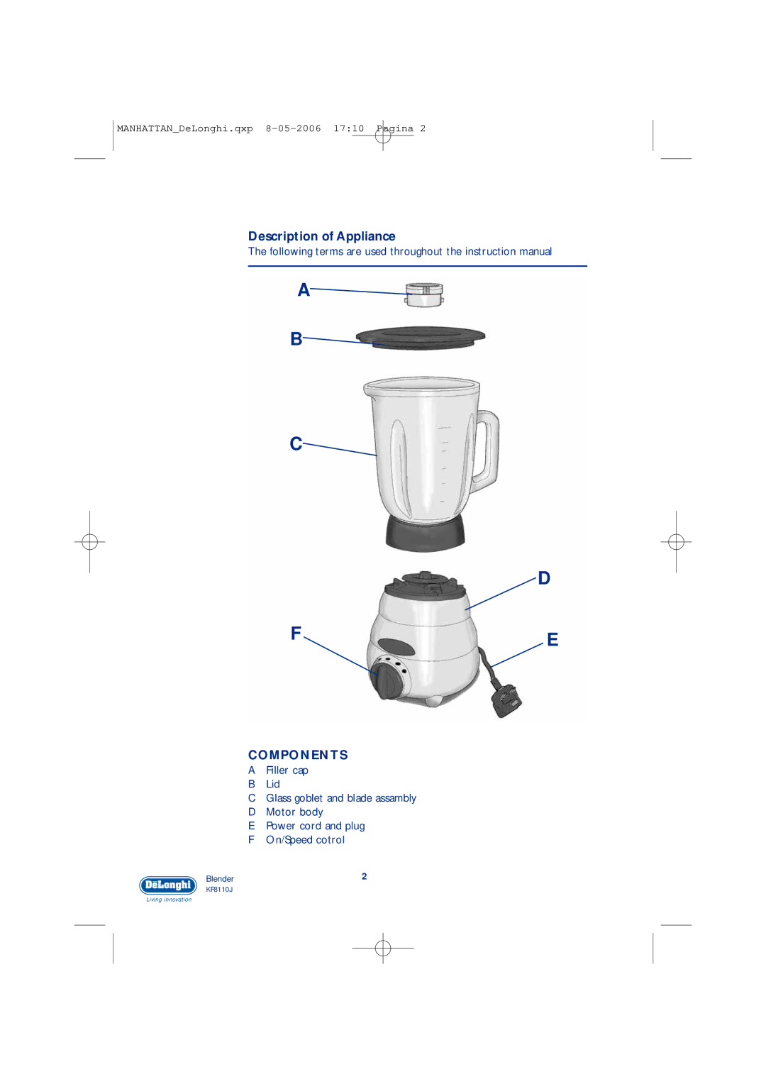 DeLonghi KF8110J manual Description of Appliance, Components 