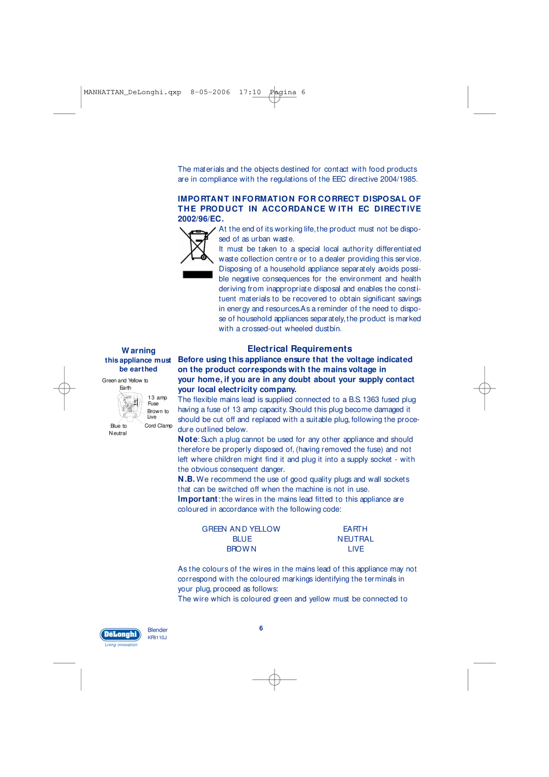 DeLonghi KF8110J manual Electrical Requirements, Your plug, proceed as follows 