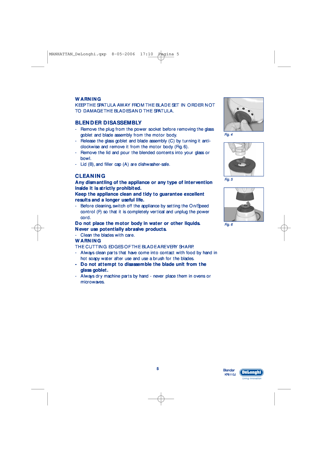 DeLonghi KF8110J manual Blender Disassembly, Cleaning 